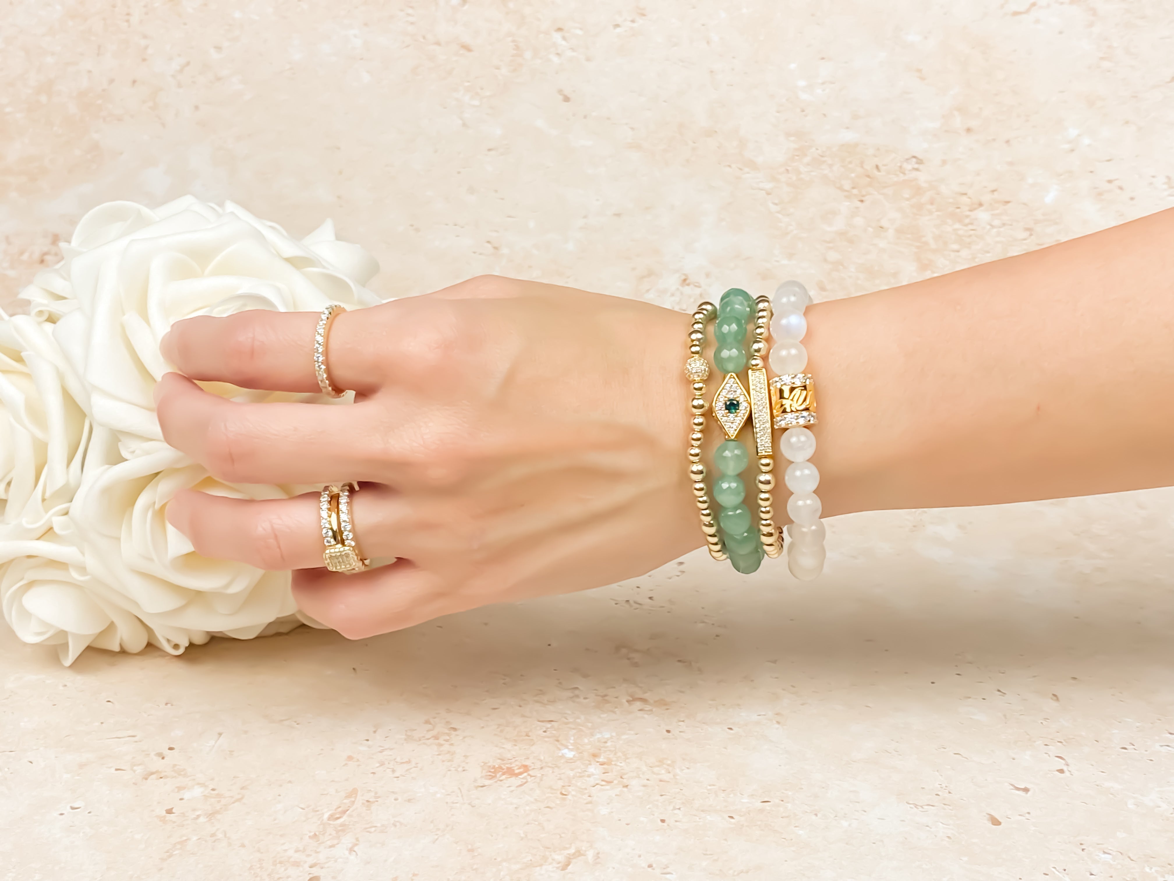 EVIL EYE ON GREEN AVENTURINE ELASTIC BRACELET