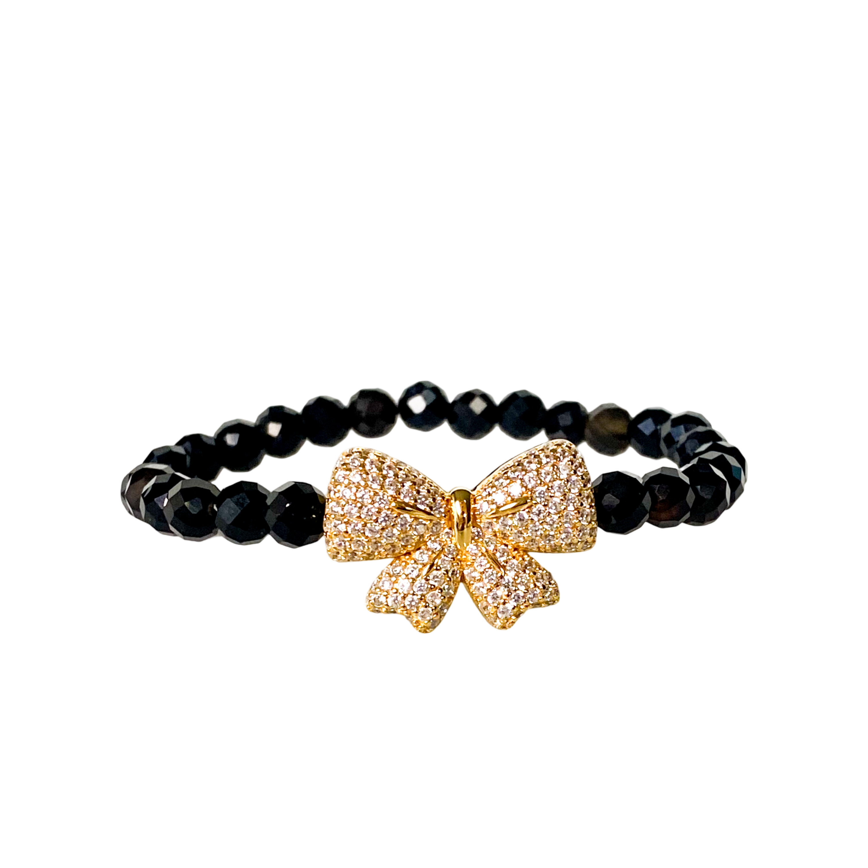 RIBBON ON BLACK ONYX ELASTIC BRACELET