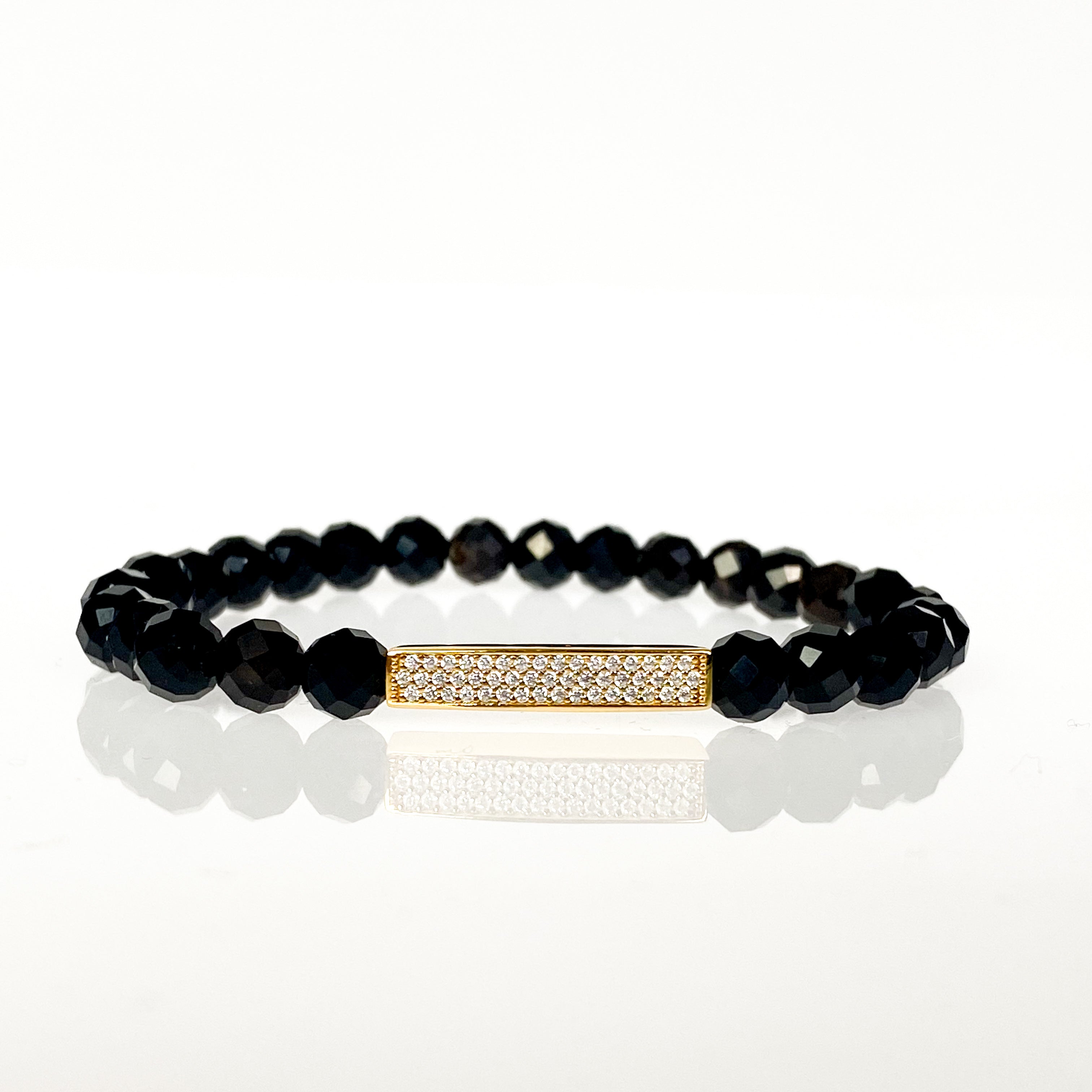 MINI CRYSTAL BAR ON BLACK ONYX ELASTIC BRACELET