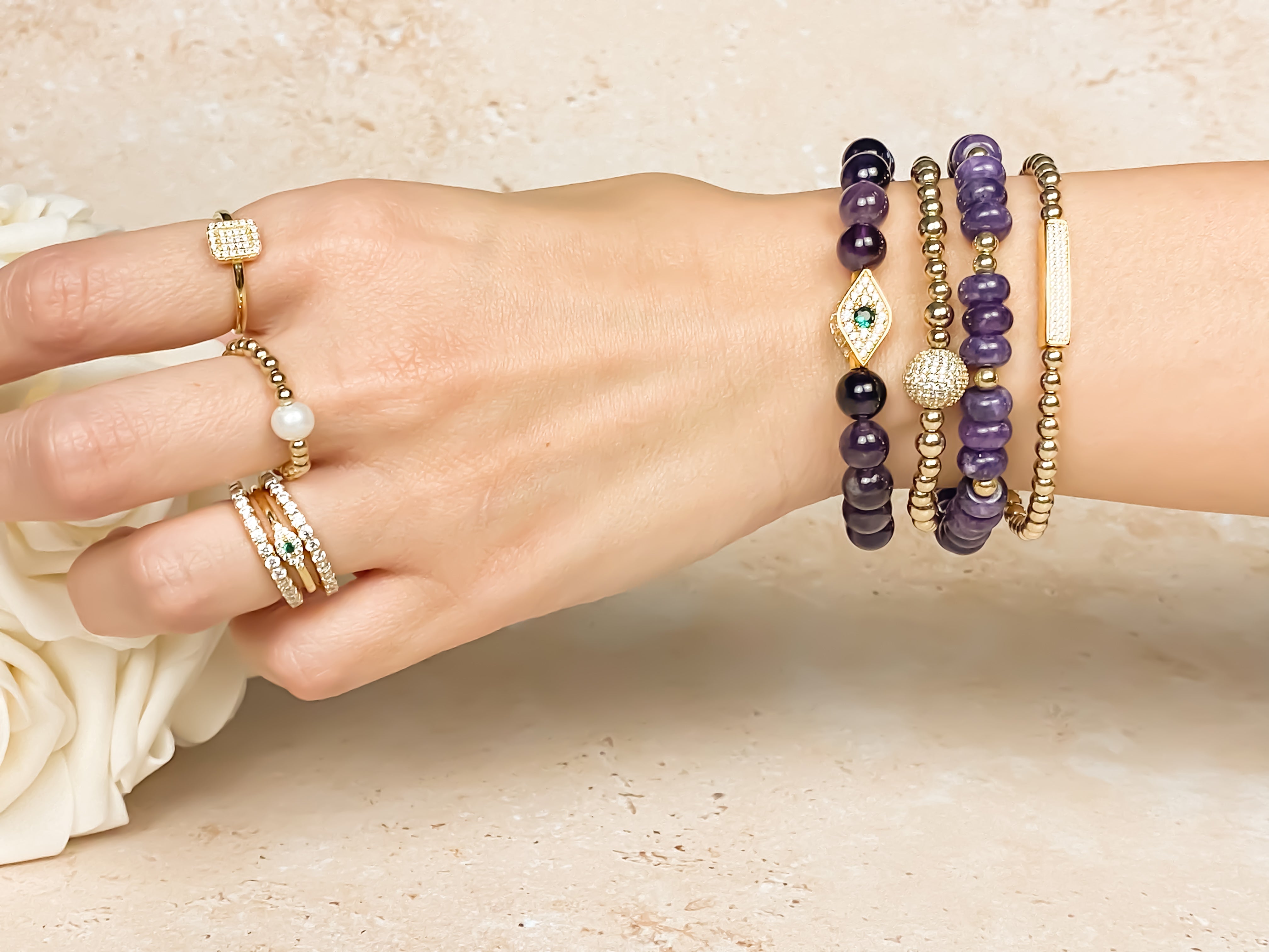 EVIL EYE ON AMETHYST ELASTIC BRACELET