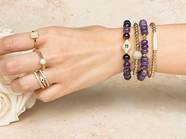 EVIL EYE ON AMETHYST ELASTIC BRACELET