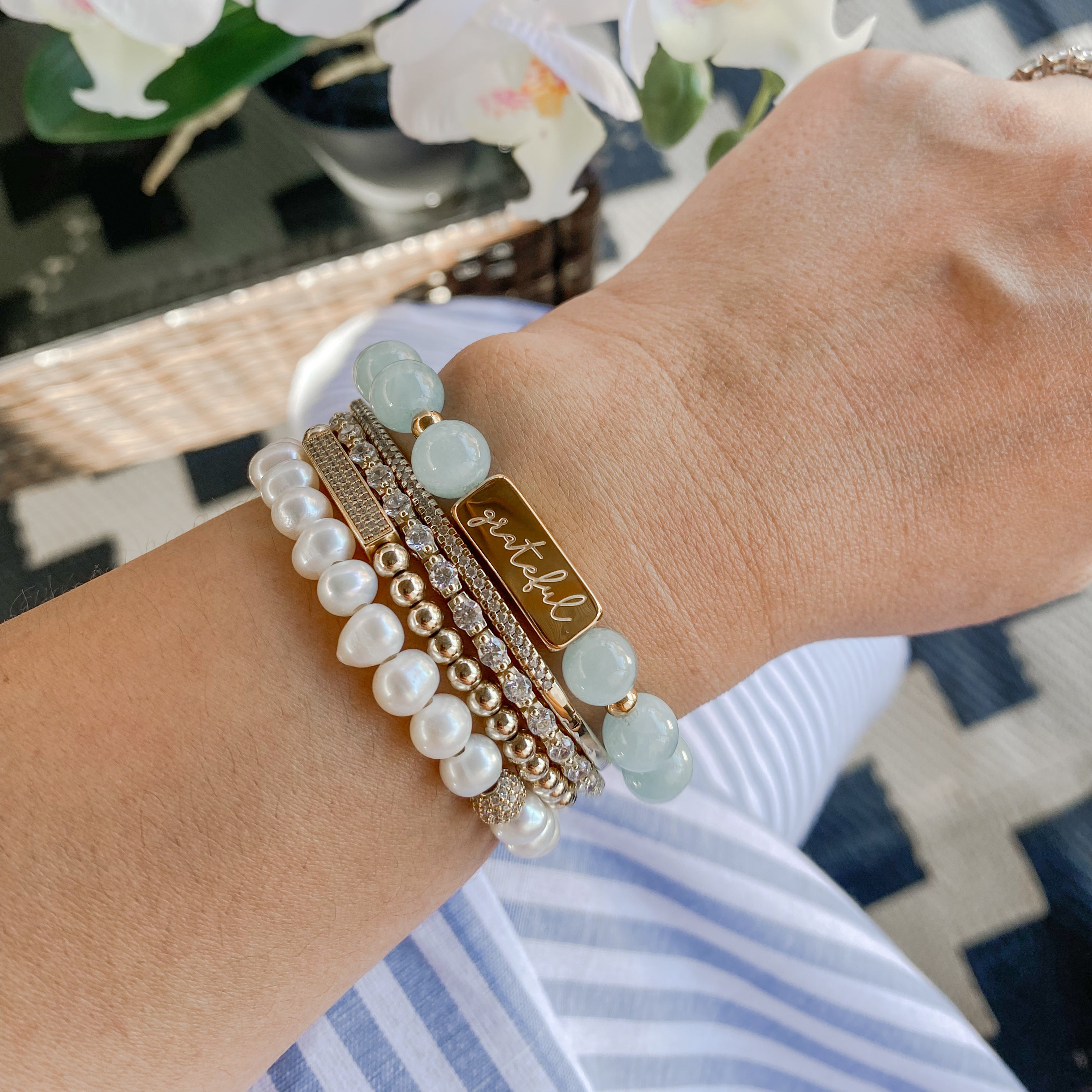 GRATEFUL ON AQUAMARINE ELASTIC BRACELET