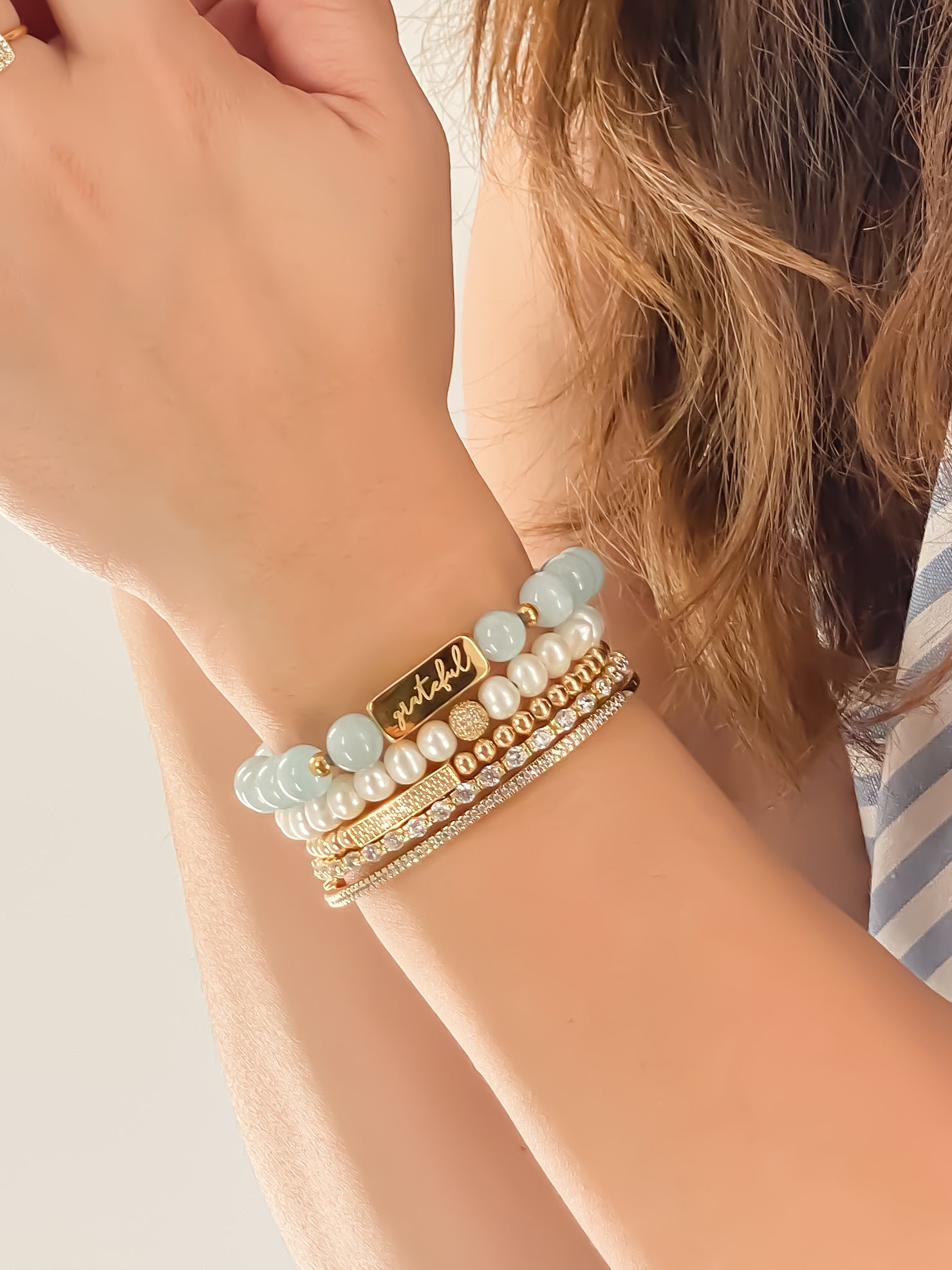 GRATEFUL ON AQUAMARINE ELASTIC BRACELET