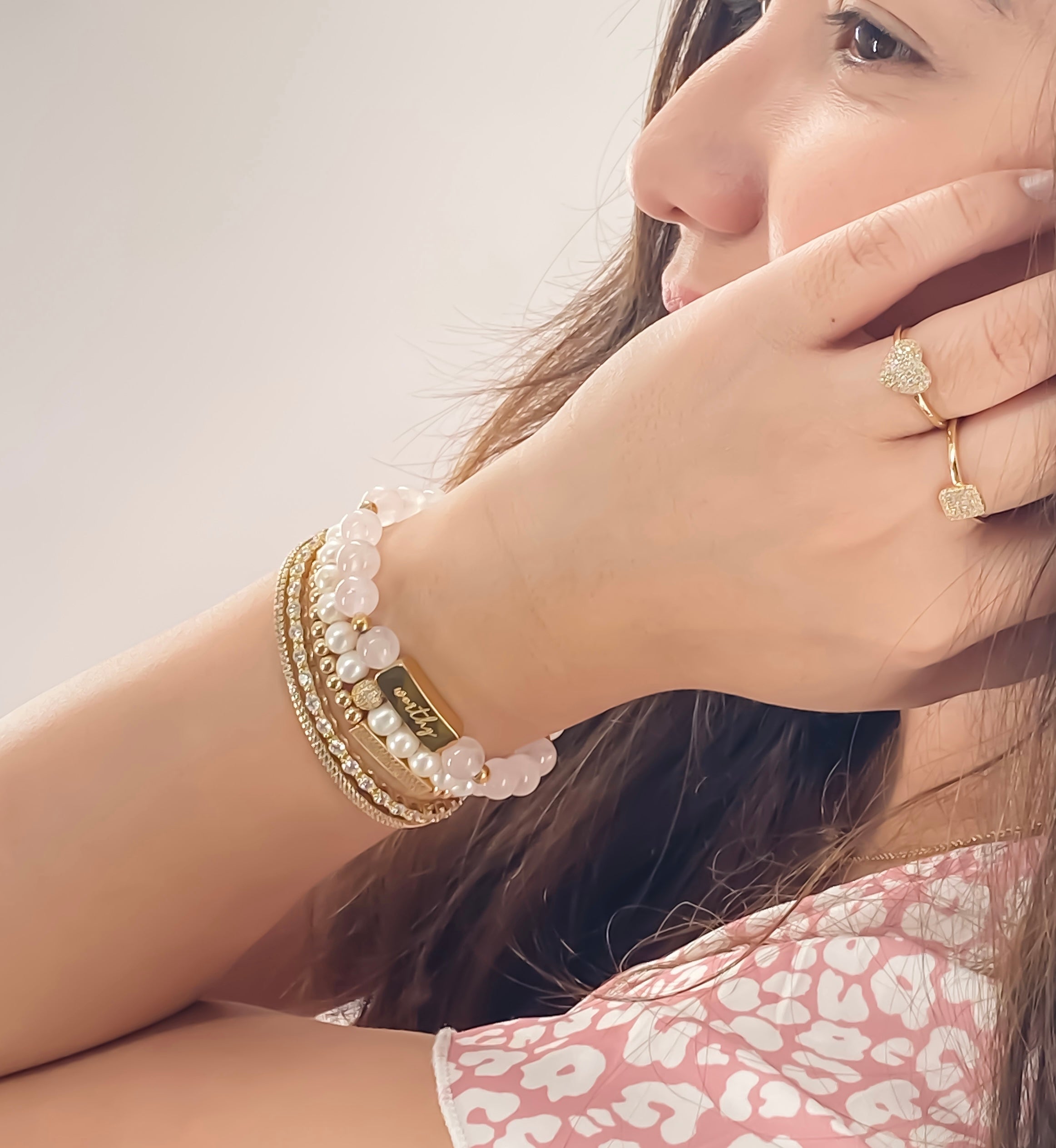 WORTHY ON ROSE QUARTZ ELASTIC BRACELET