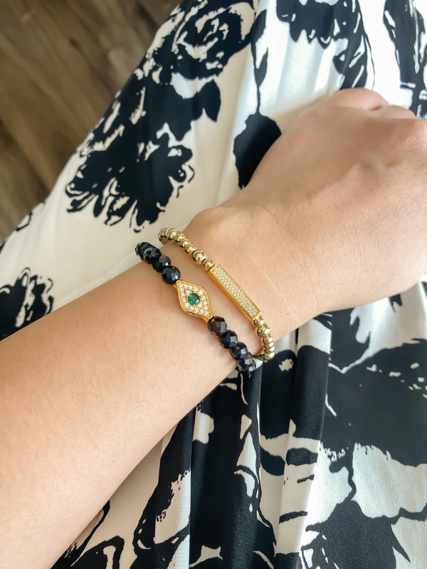 EVIL EYE ON BLACK ONYX ELASTIC BRACELET