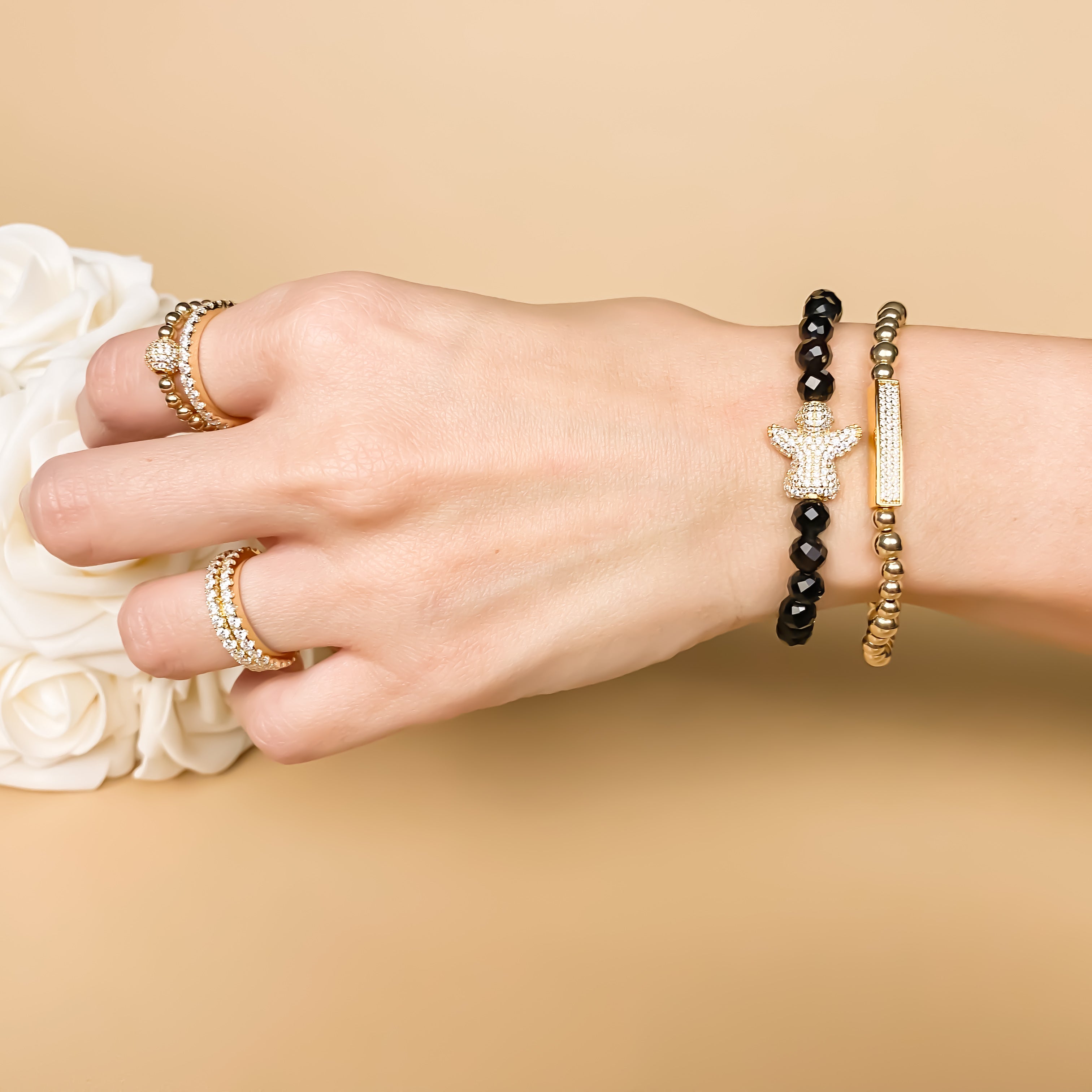 ANGEL ON BLACK ONYX ELASTIC BRACELET