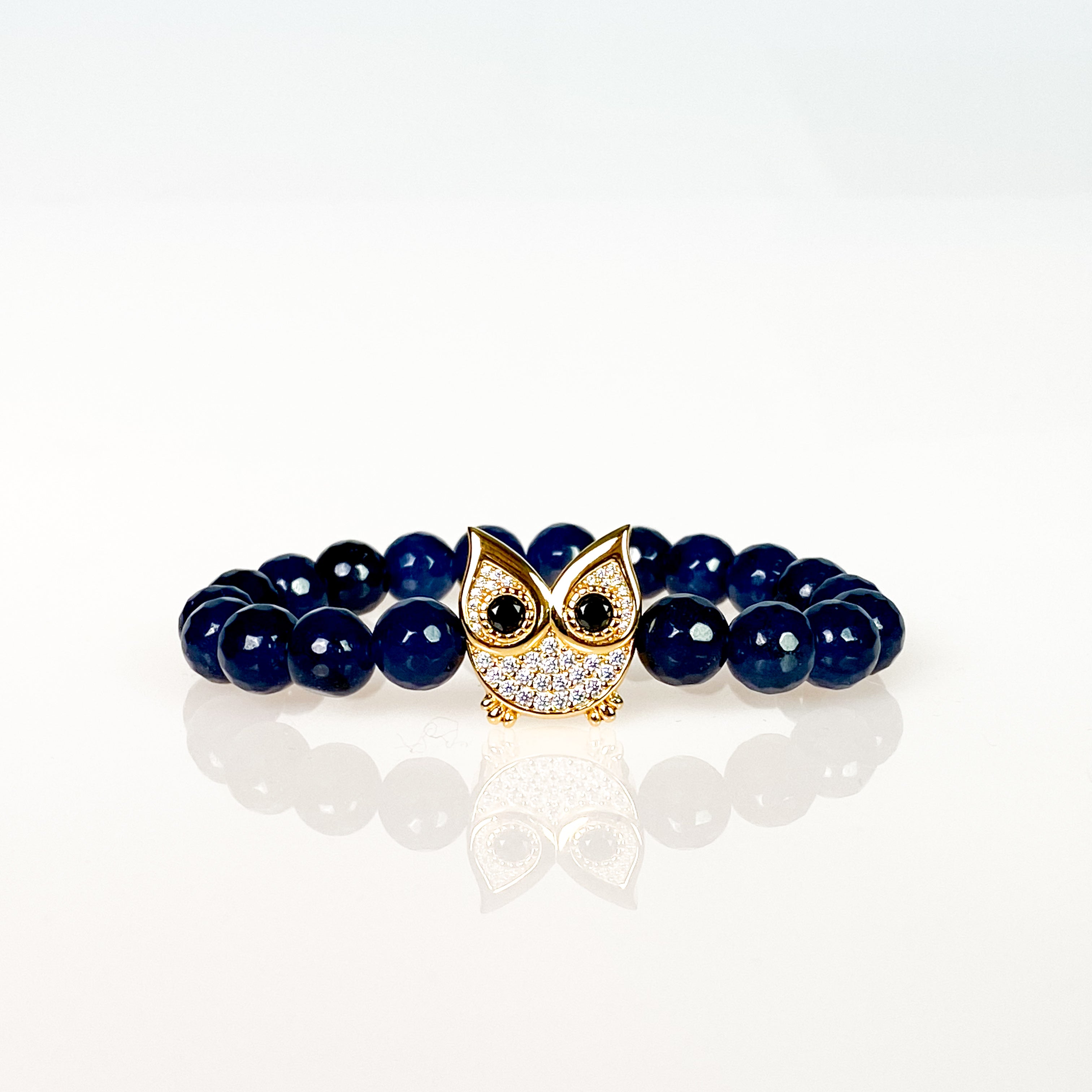 OWL ON NAVY JADE ELASTIC BRACELET