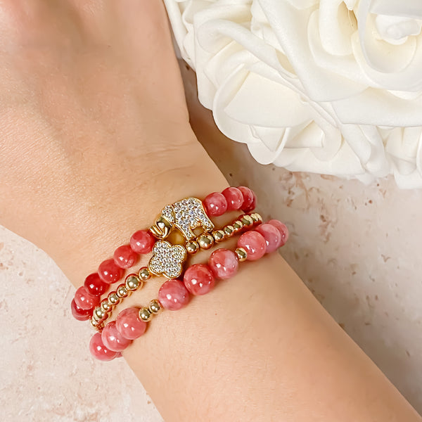 ELEPHANT ON PERSIAN PINK JADE ELASTIC BRACELET