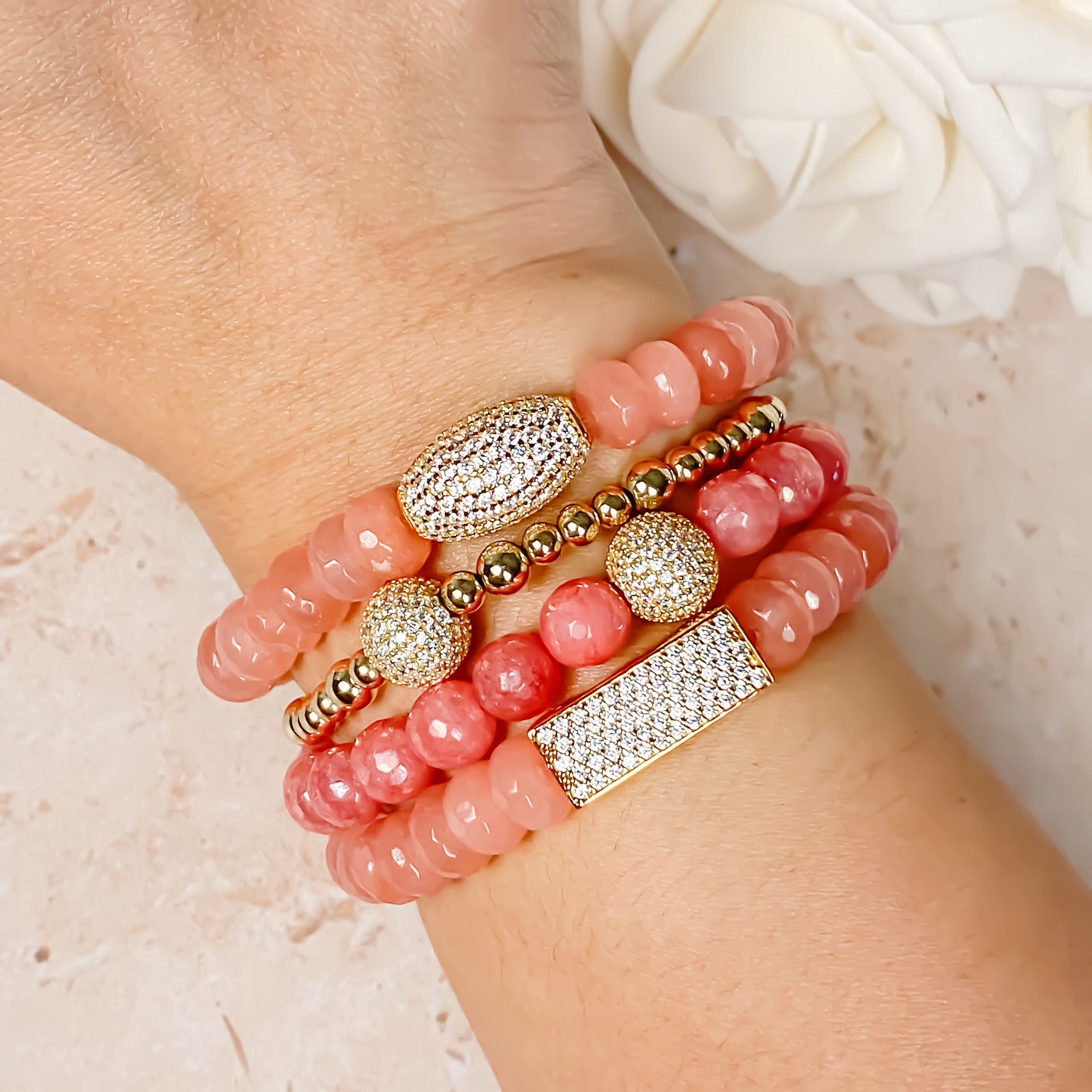 CRYSTAL BALL ON CORAL JADE ELASTIC BRACELET