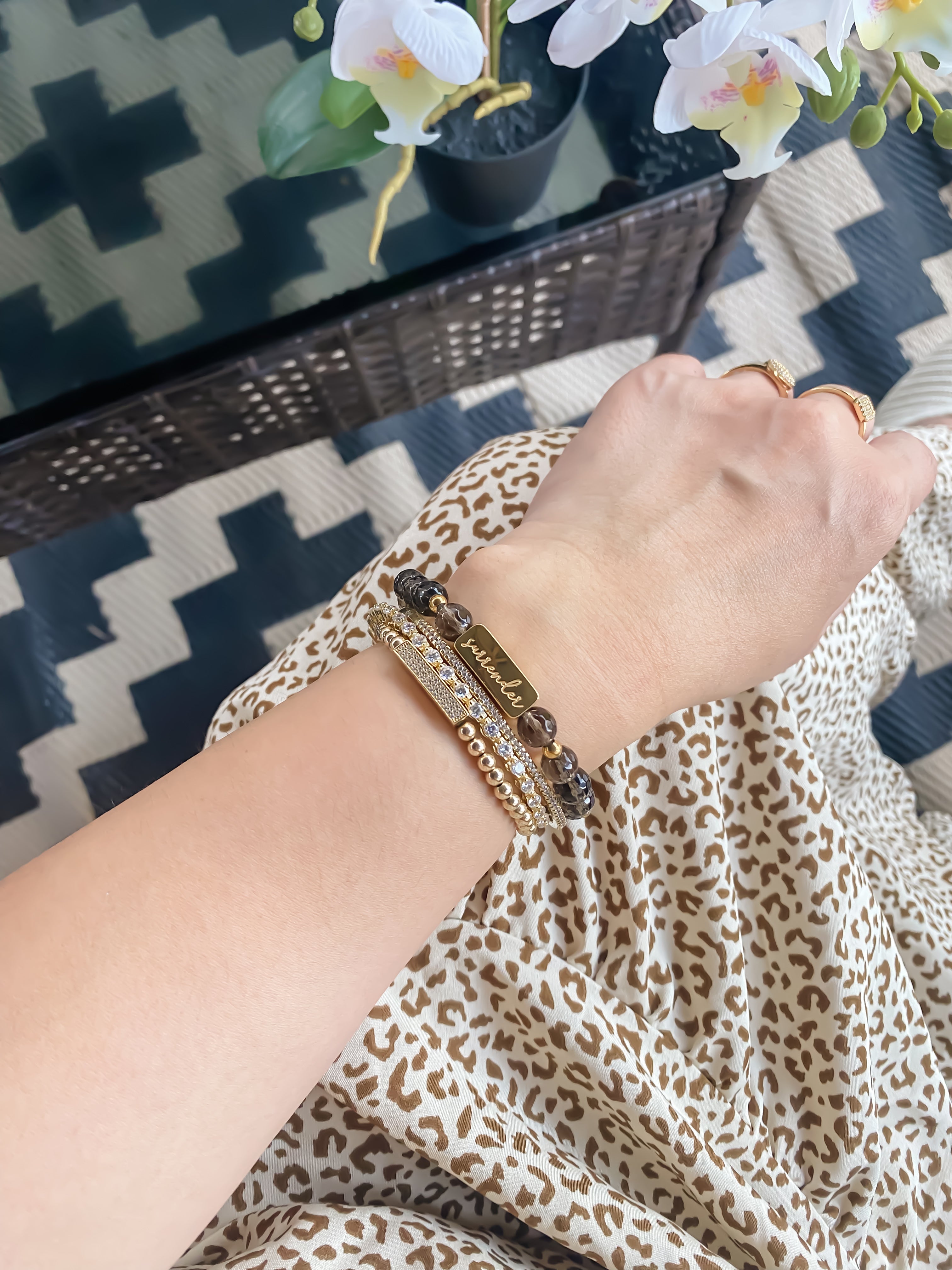 SURRENDER ON SMOKEY QUARTZ ELASTIC BRACELET