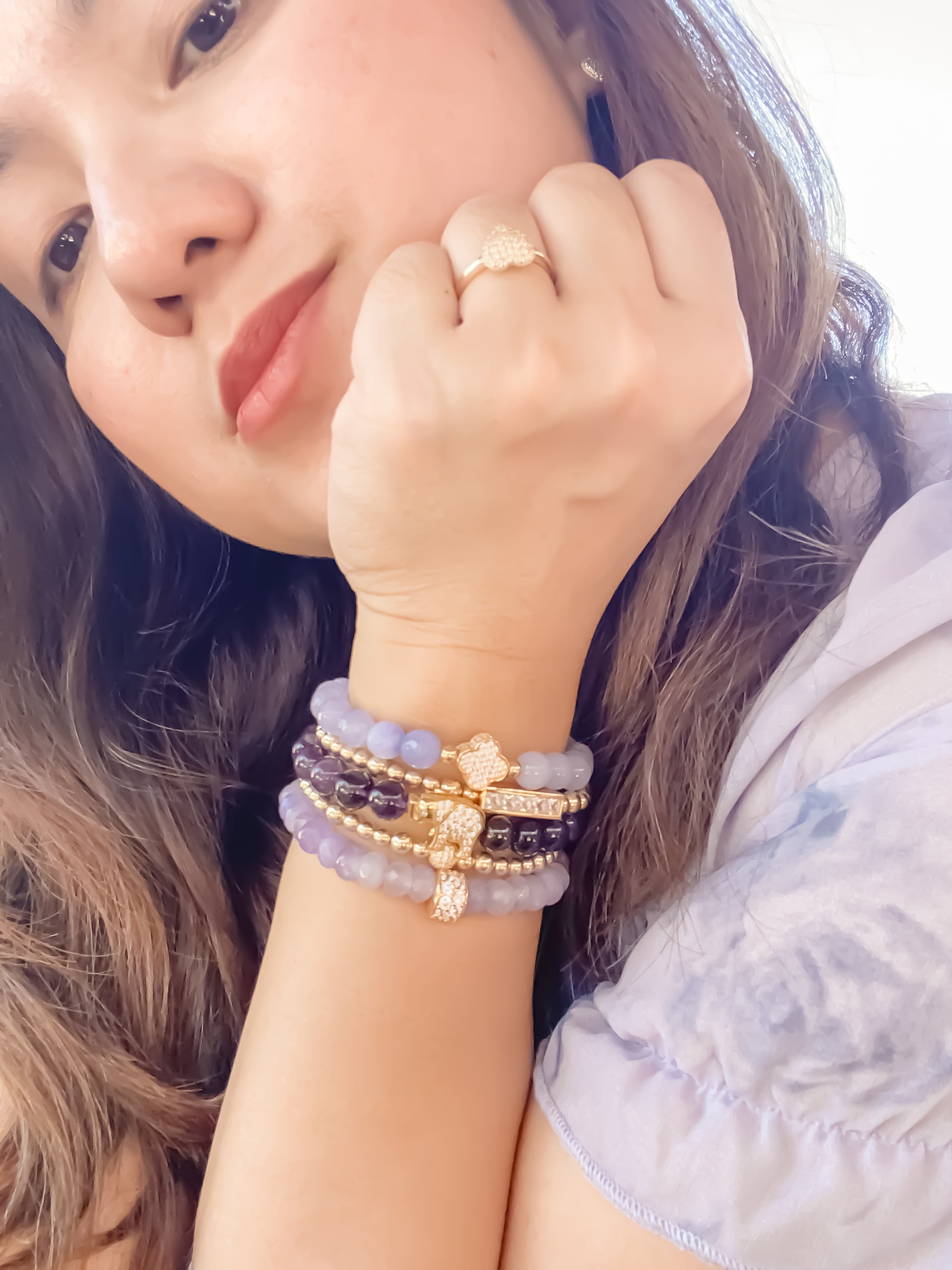 CLOVER ON PURPLE ROSE ELASTIC BRACELET