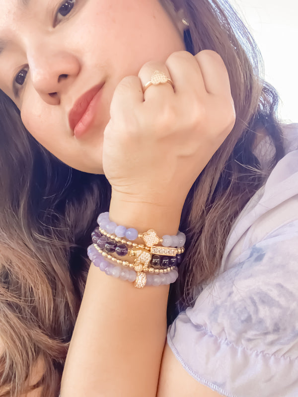 CLOVER ON PURPLE ROSE JADE ELASTIC BRACELET
