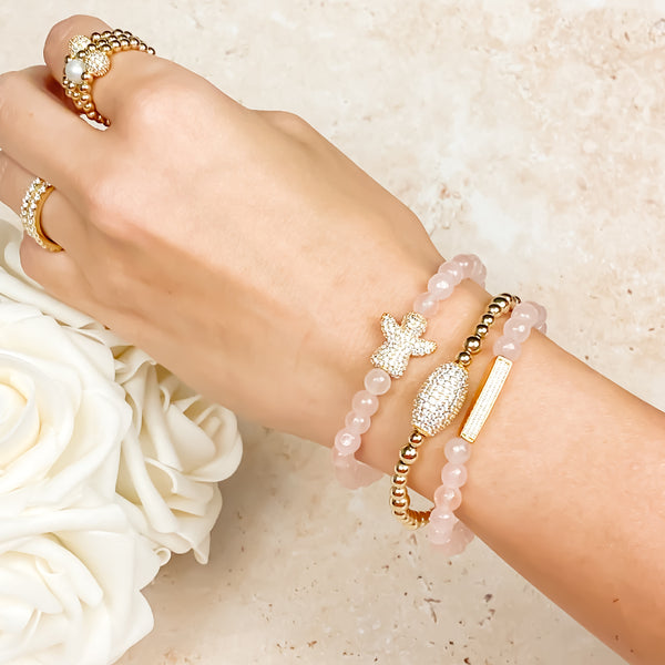 MINI CRYSTAL BAR ON ROSE JADE ELASTIC BRACELET