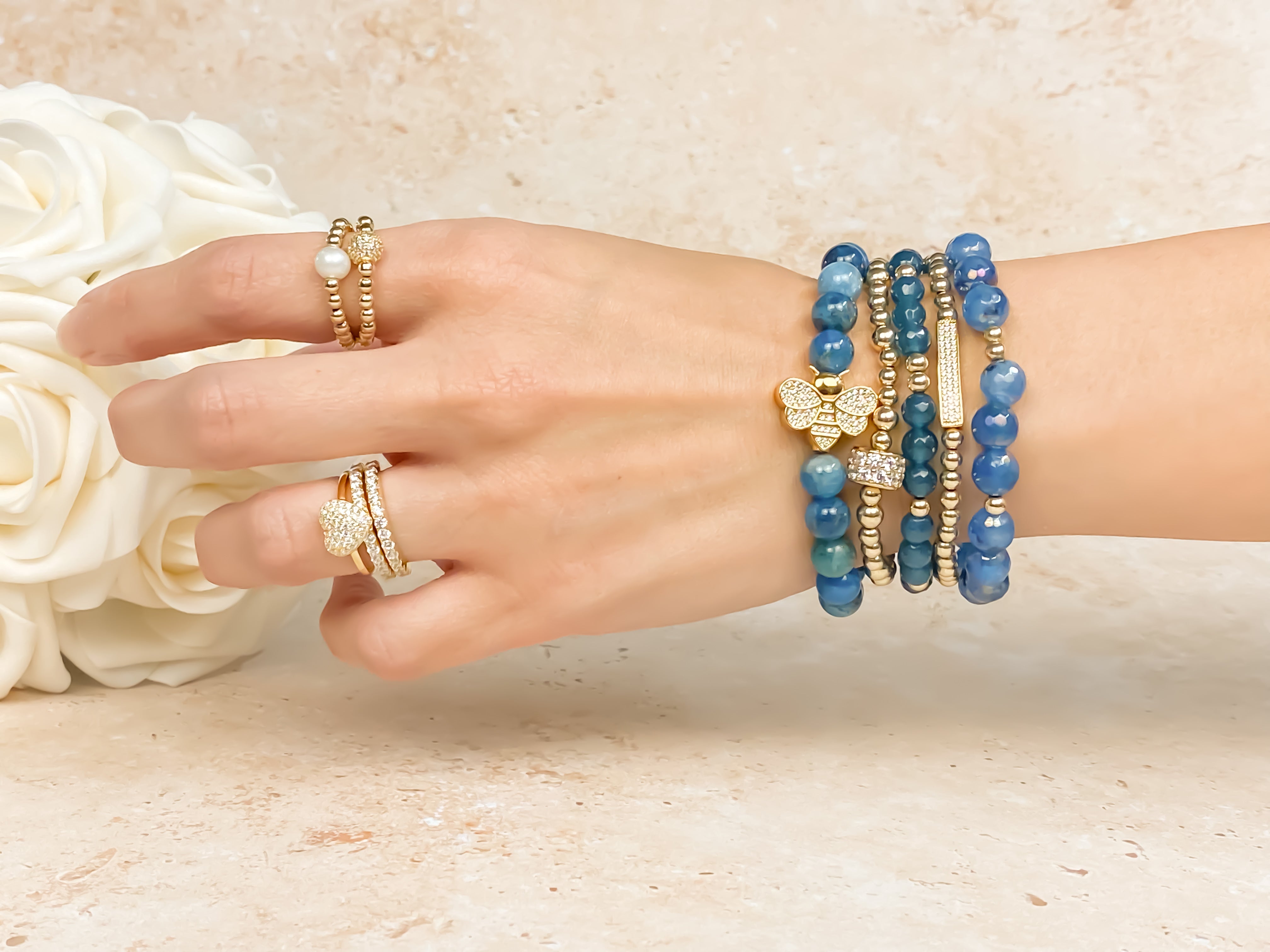 RONDELLE ON GOLD FILLED BEADS ELASTIC BRACELET