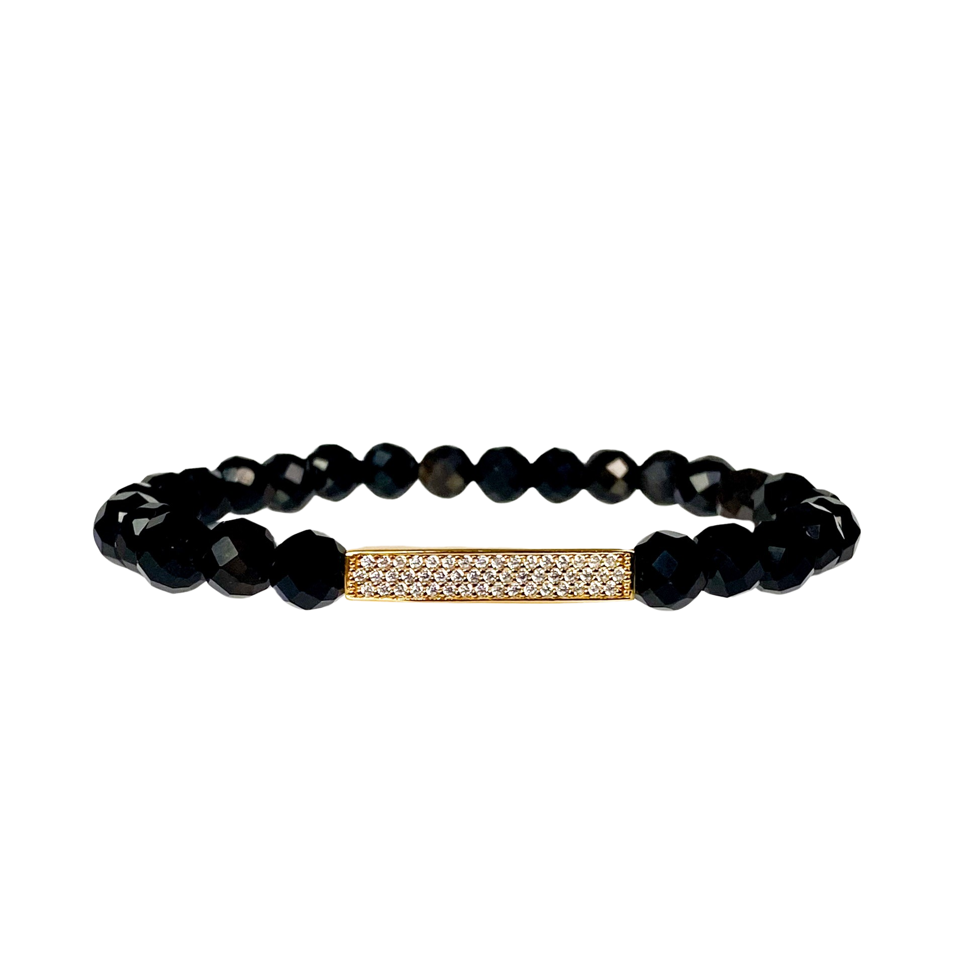 MINI CRYSTAL BAR ON BLACK ONYX ELASTIC BRACELET