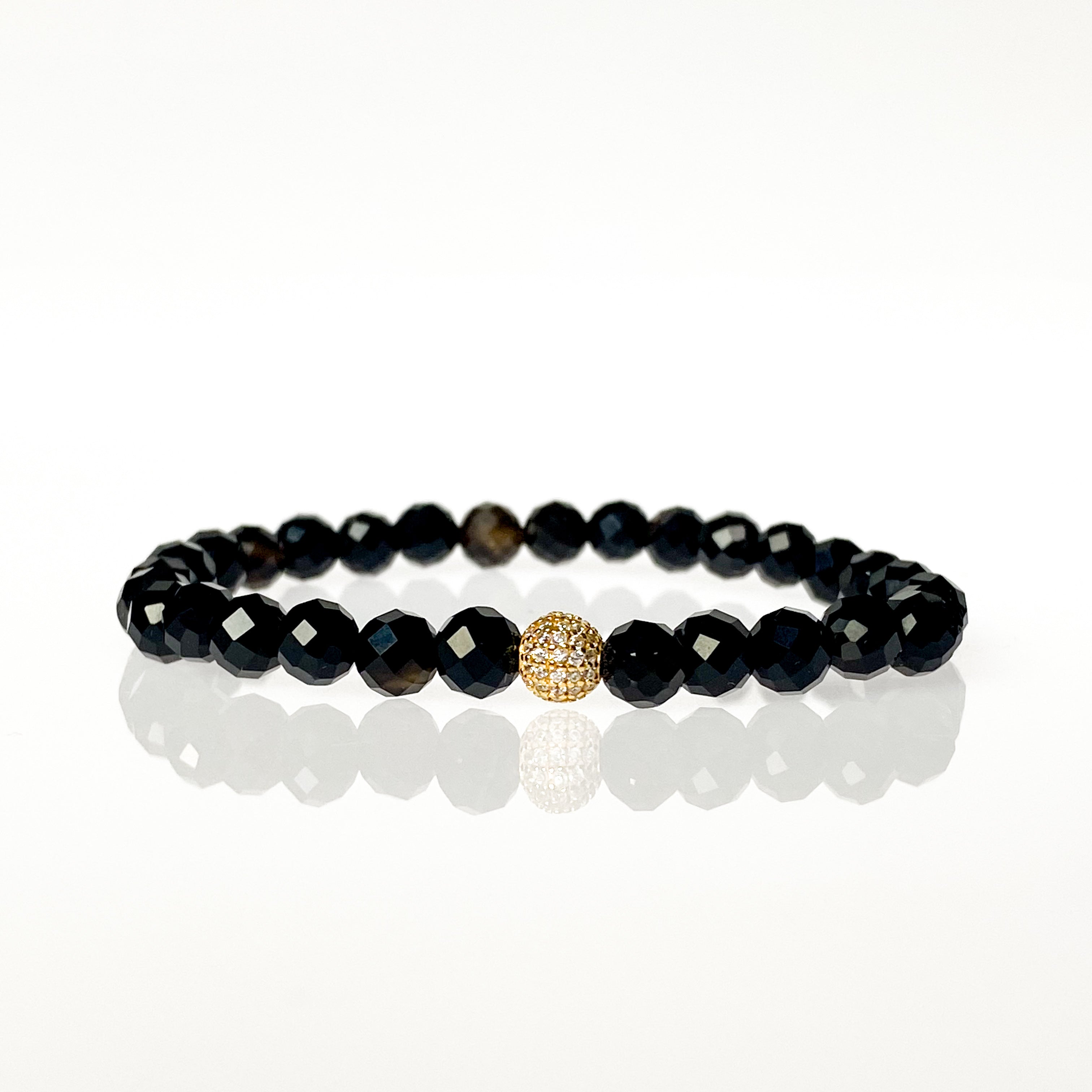 MINI CRYSTAL BALL ON BLACK ONYX ELASTIC BRACELET