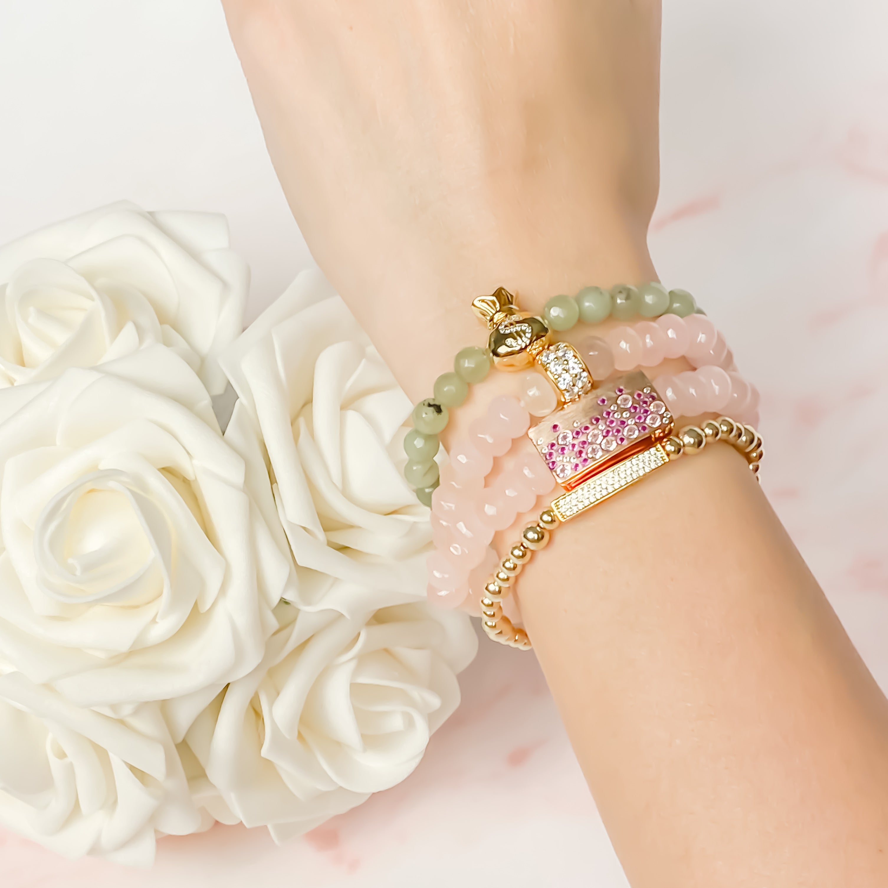 GYPSY BAR ON ROSE JADE ELASTIC BRACELET