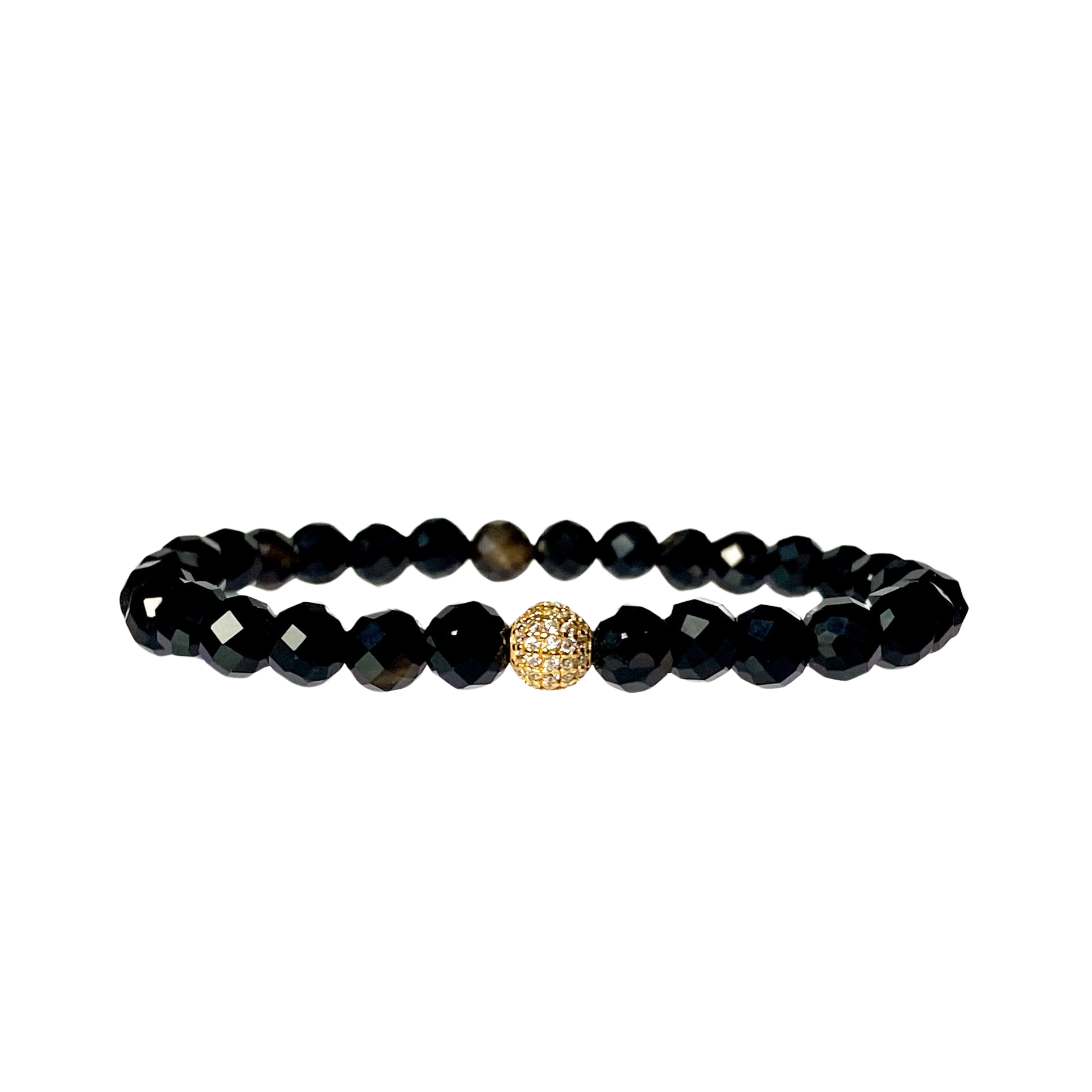 MINI CRYSTAL BALL ON BLACK ONYX ELASTIC BRACELET