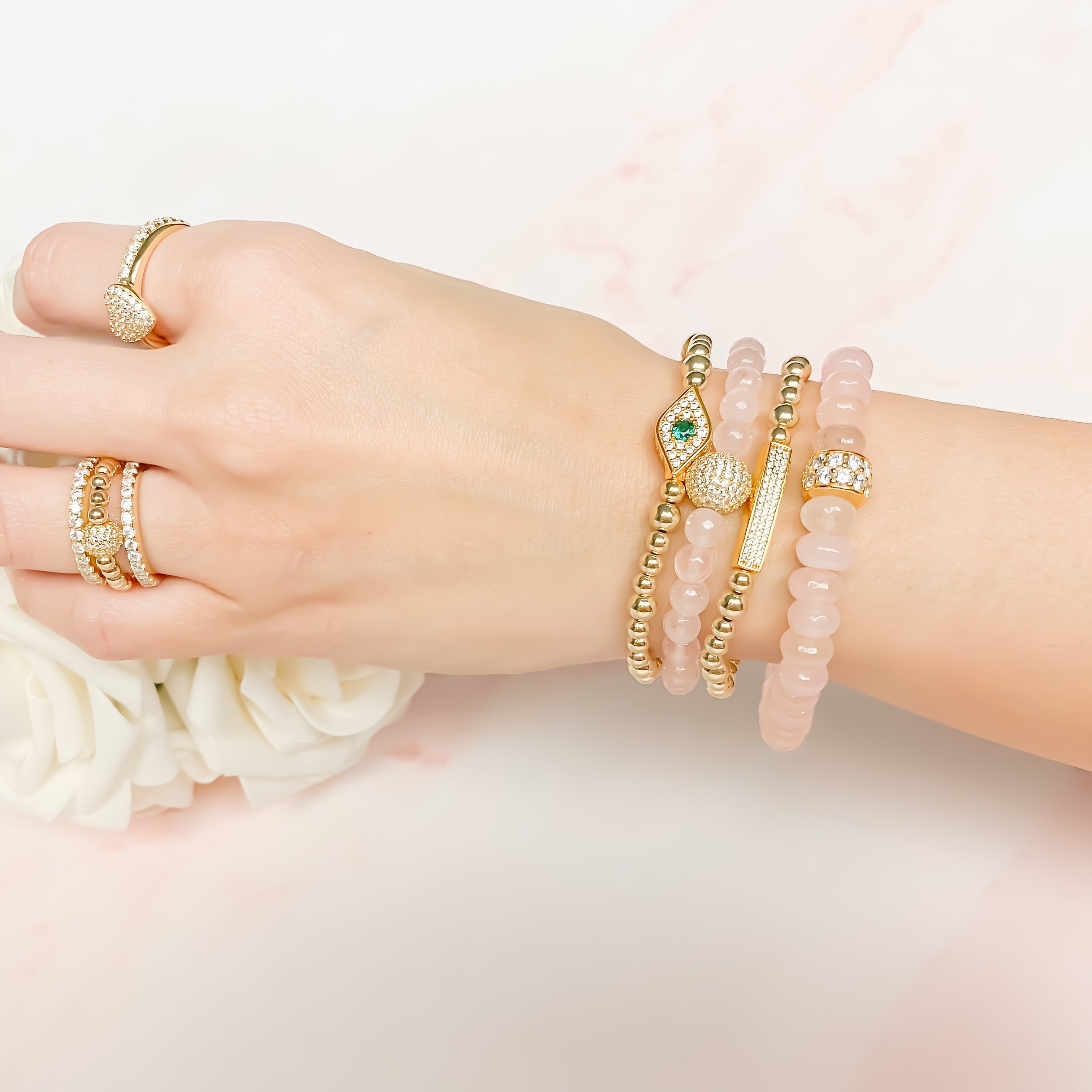 CRYSTAL BALL ON ROSE JADE ELASTIC BRACELET