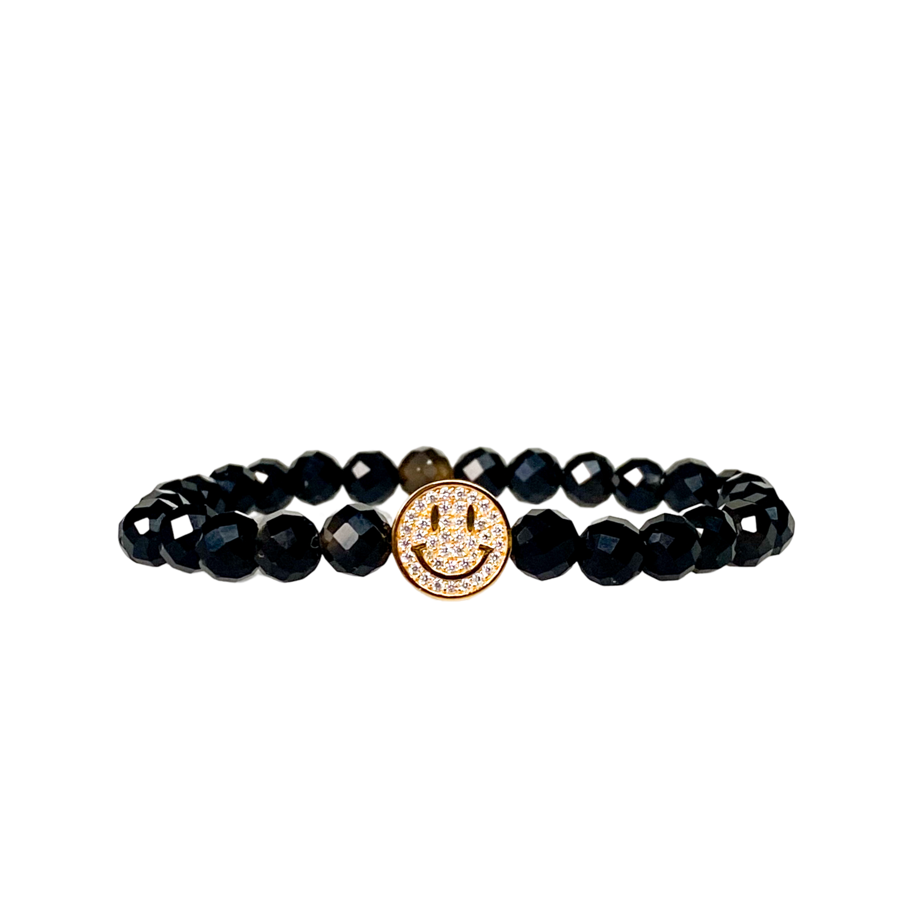SMILEY FACE ON BLACK ONYX ELASTIC BRACELET