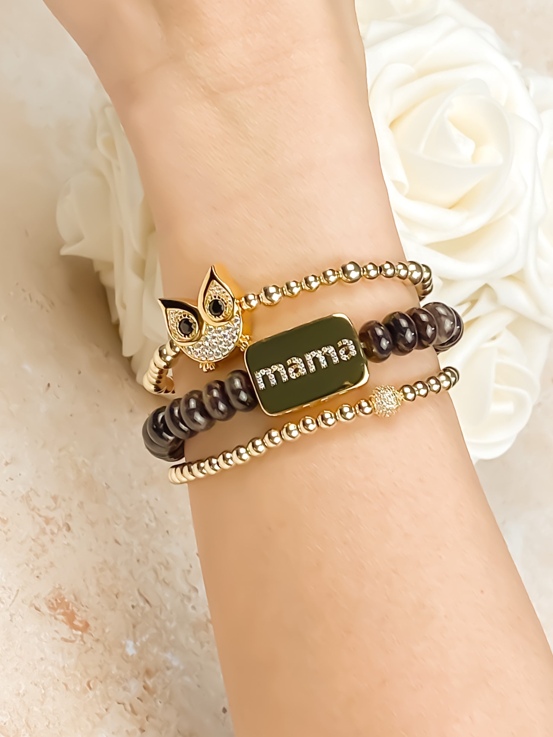 OWL ON GOLD FILLED BEADS ELASTIC BRACELET