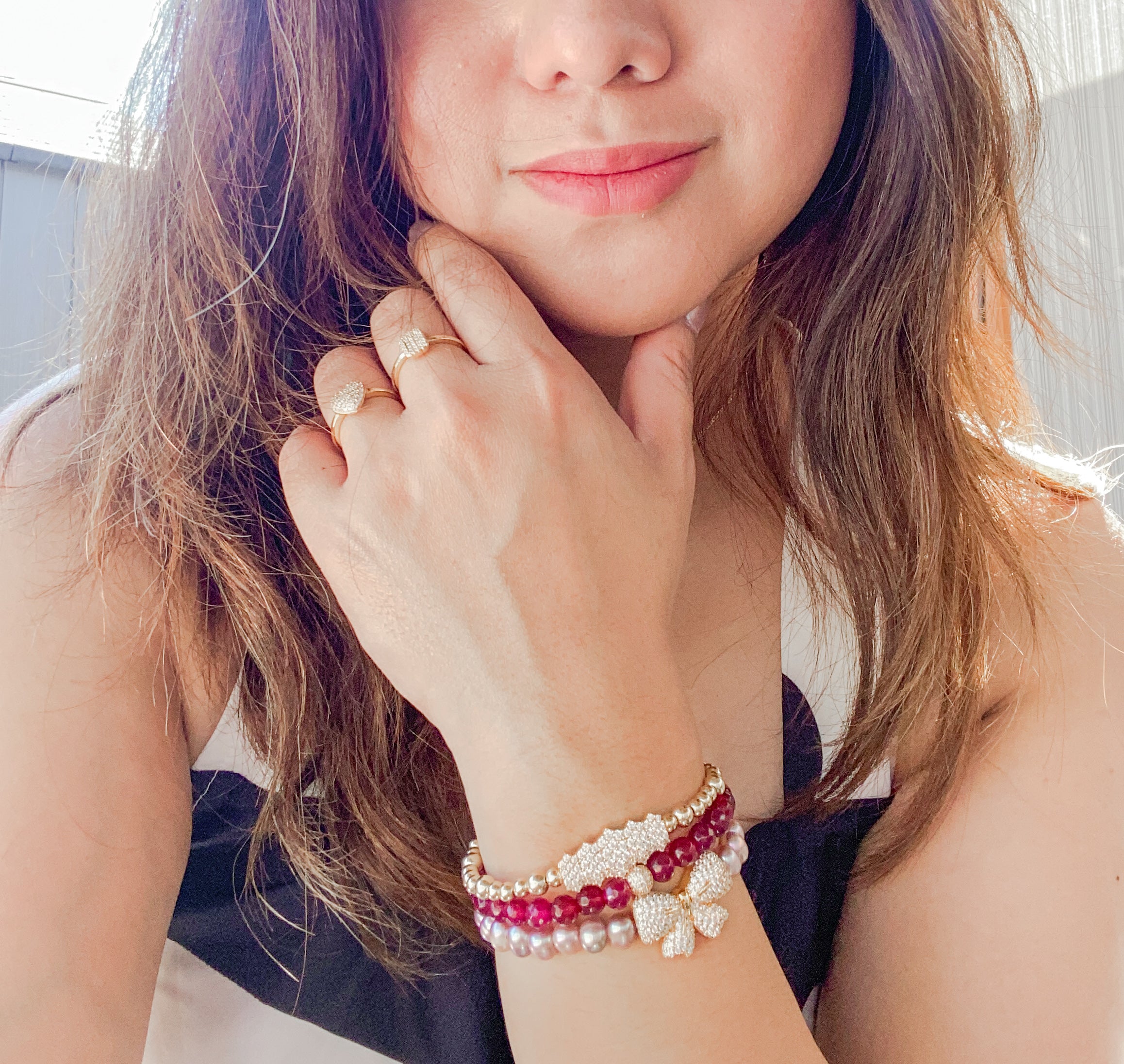 CLUSTER BAR ON GOLD FILLED BEADS ELASTIC BRACELET