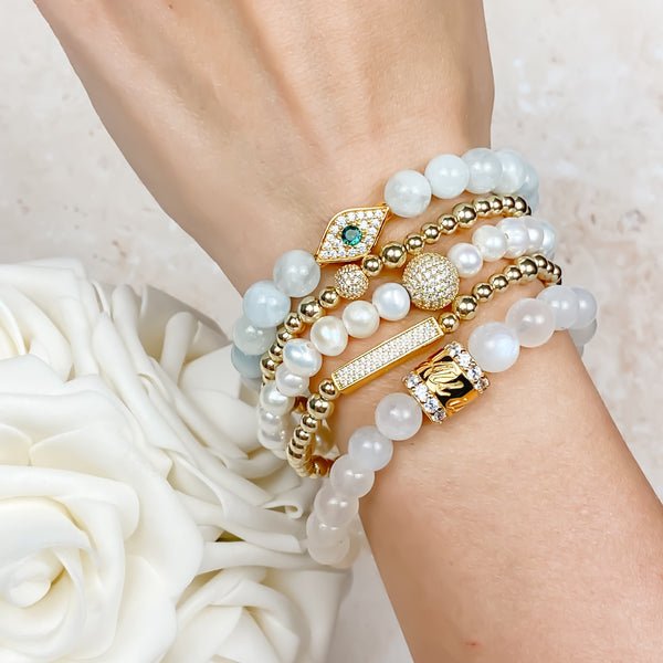 EVIL EYE ON AQUAMARINE ELASTIC BRACELET