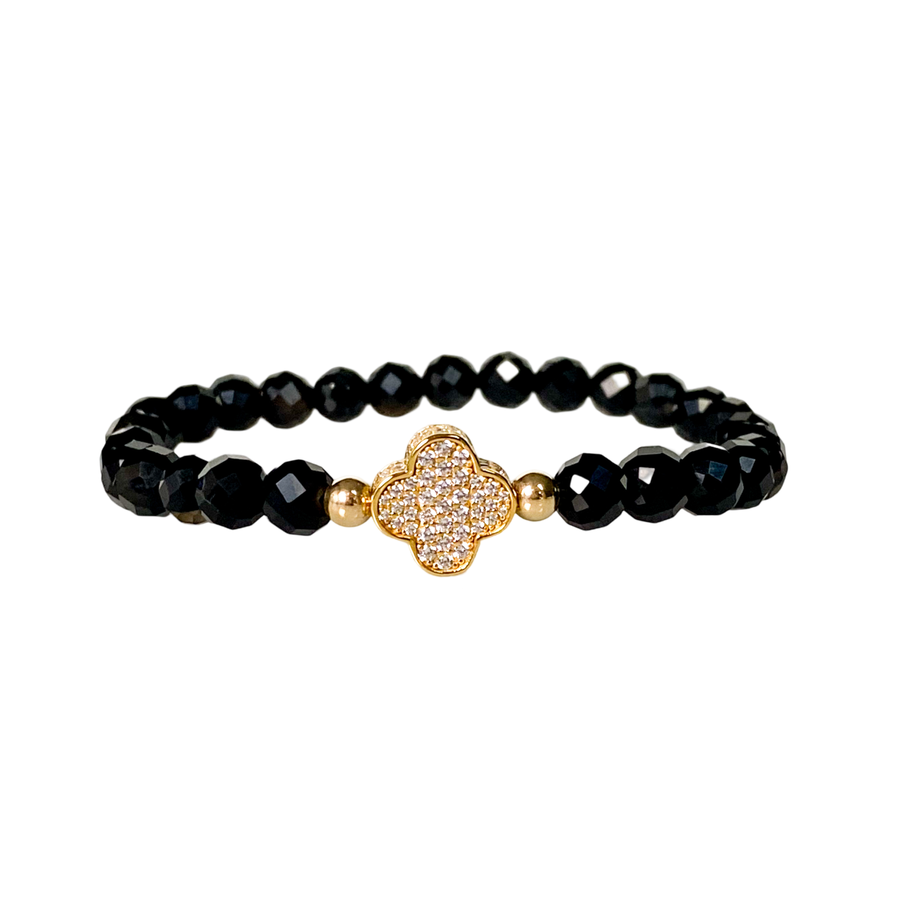 CLOVER ON BLACK ONYX ELASTIC BRACELET