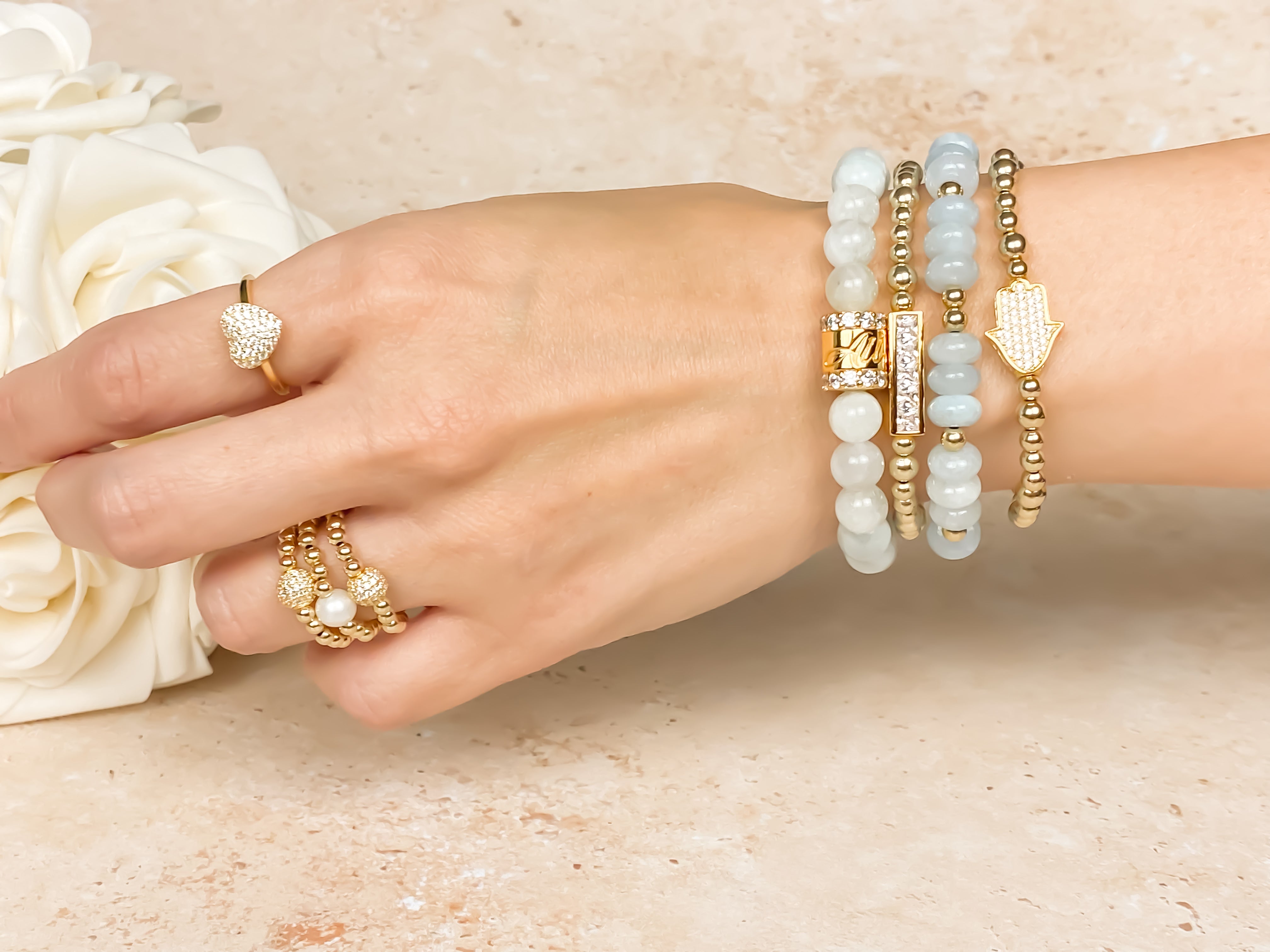 HAMSA ON GOLD FILLED BEADS ELASTIC BRACELET