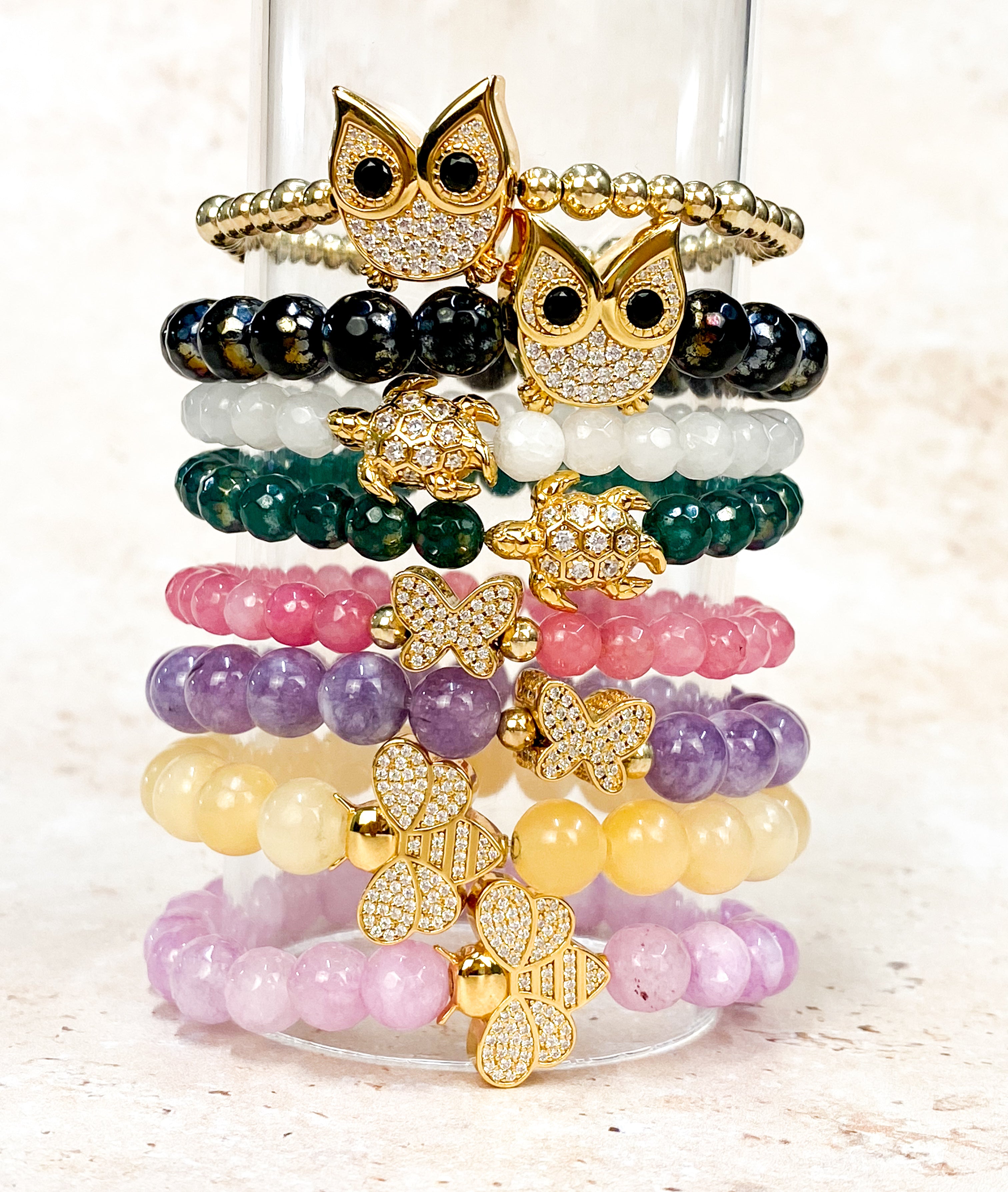 OWL ON GOLD FILLED BEADS ELASTIC BRACELET