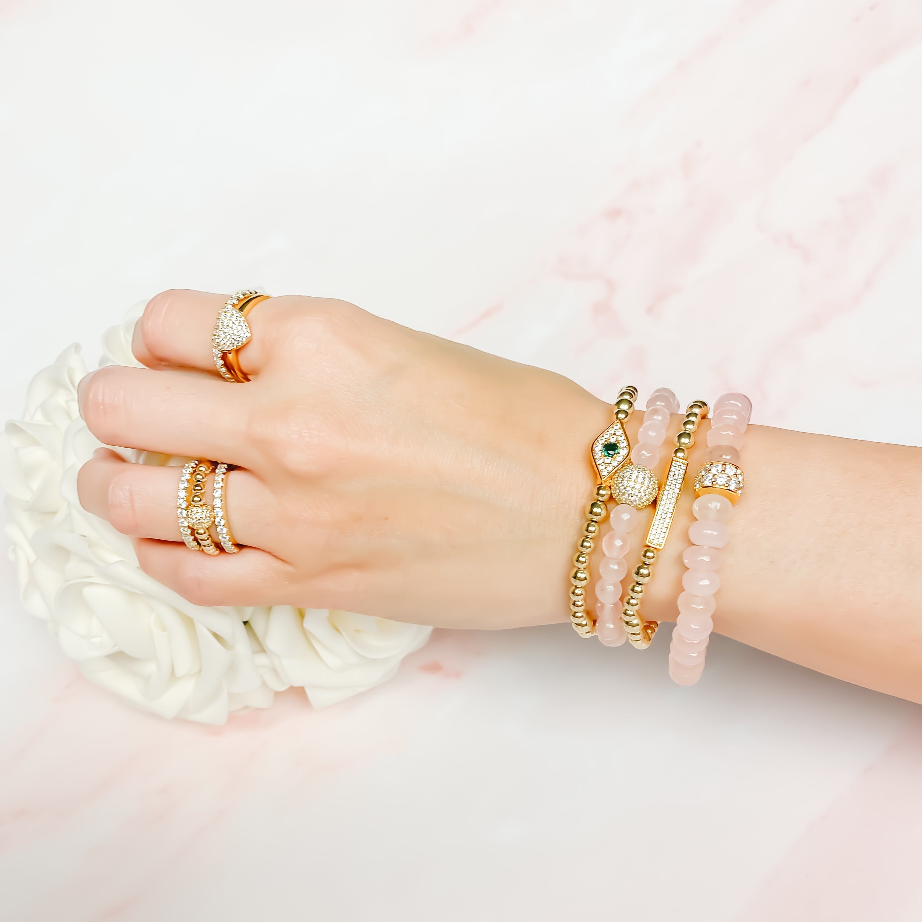 CRYSTAL BALL ON ROSE JADE ELASTIC BRACELET