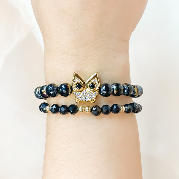 OWL ON BLACK GALA AGATE ELASTIC BRACELET