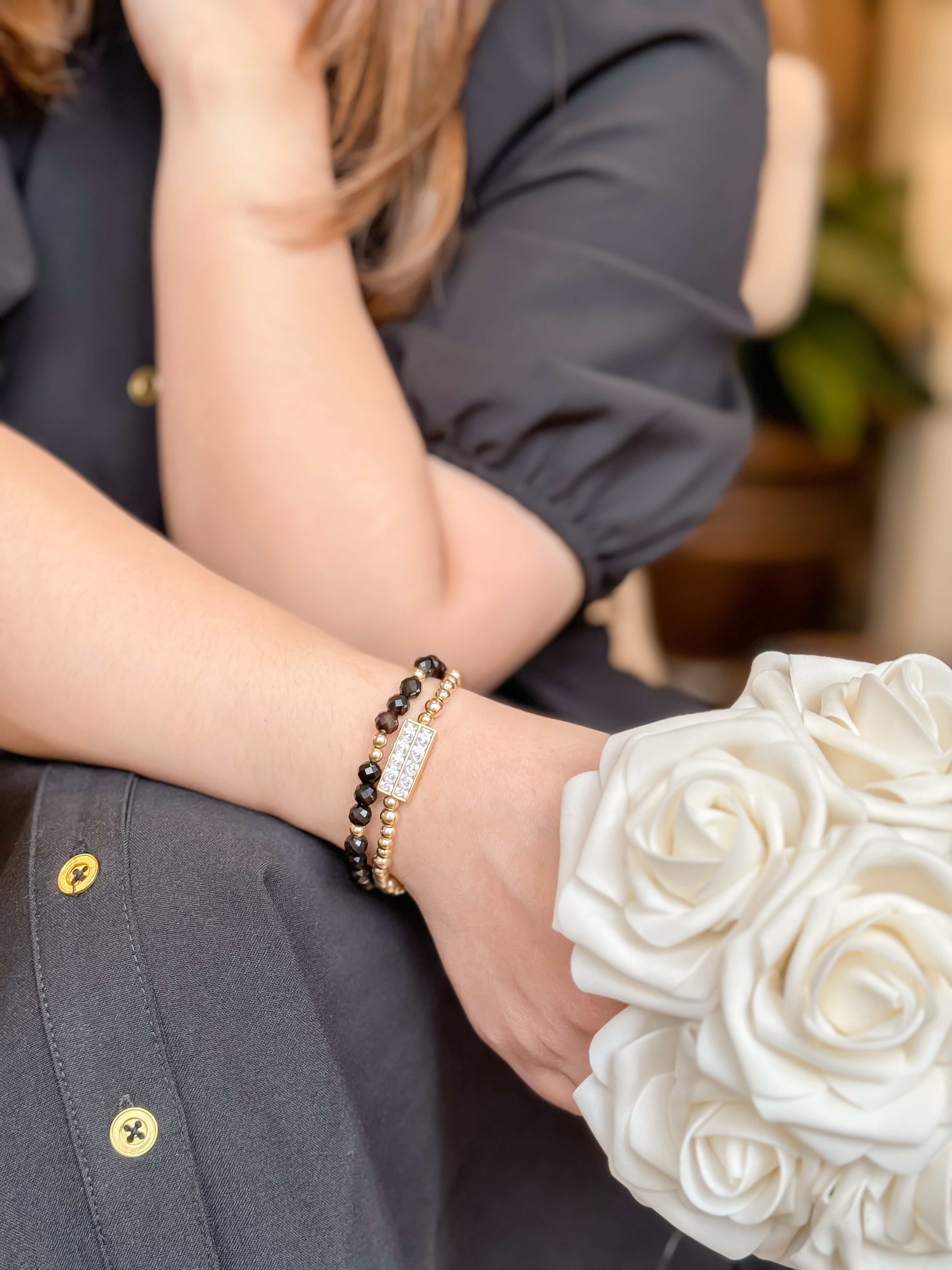 PRINCESS BAR ON GOLD FILLED BEADS ELASTIC BRACELET