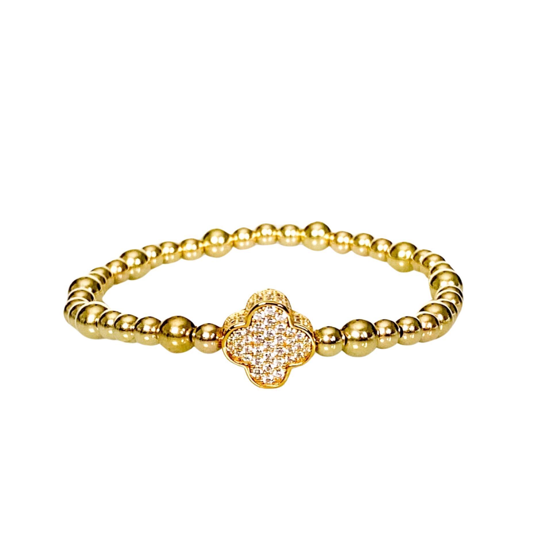 CLOVER ON GOLD FILLED BEADS ELASTIC BRACELET