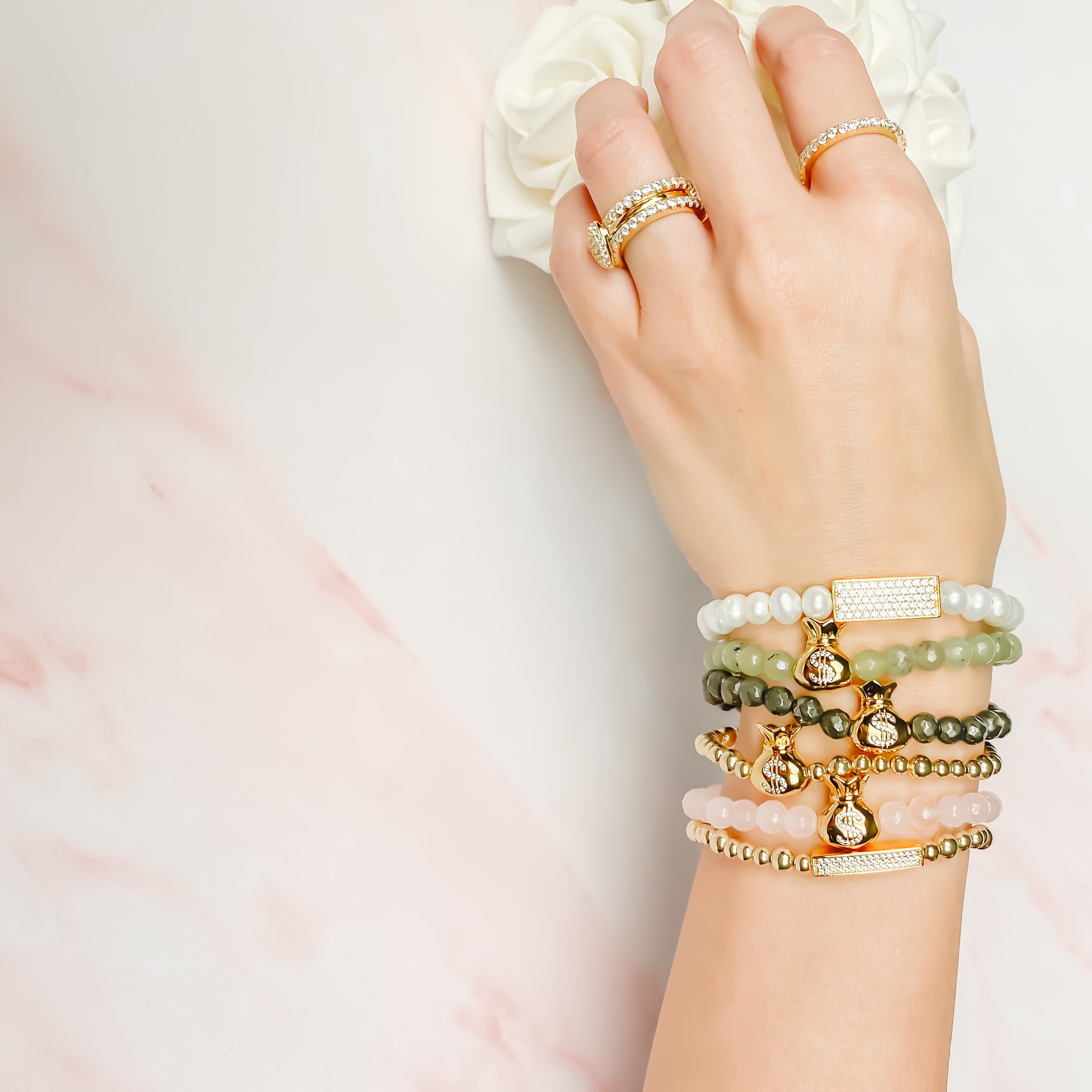 MONEY BAG ON GOLD FILLED BEADS ELASTIC BRACELET