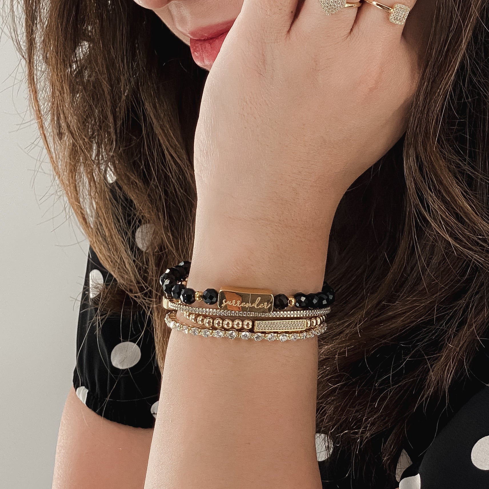 SURRENDER ON BLACK ONYX ELASTIC BRACELET