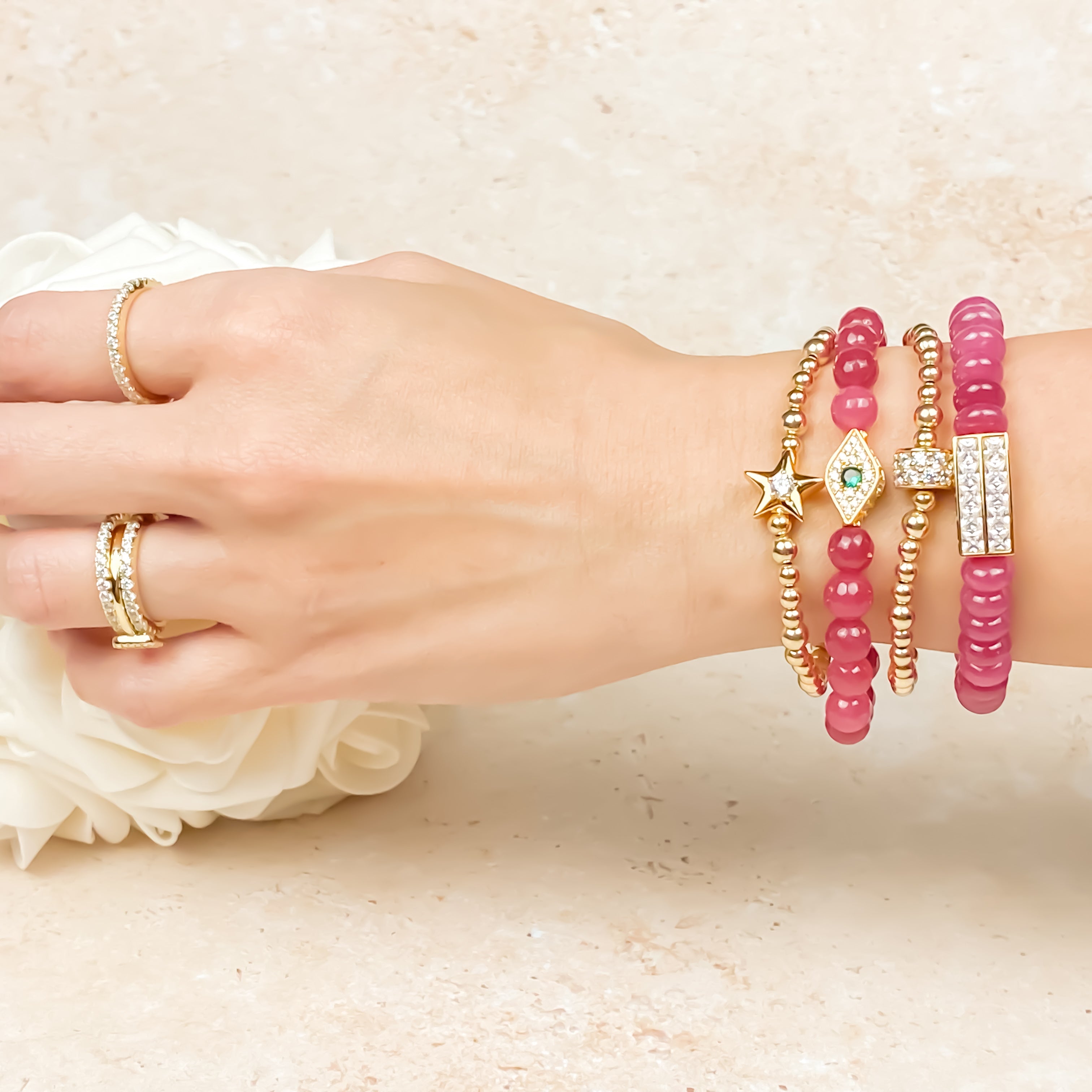 EVIL EYE ON BEETROOT JADE ELASTIC BRACELET