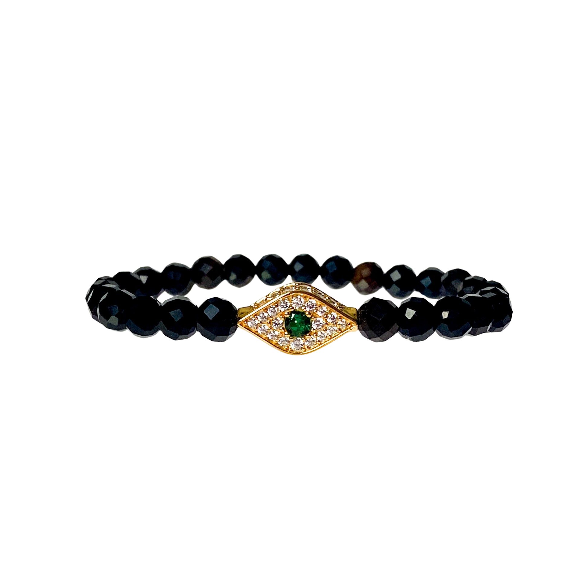 EVIL EYE ON BLACK ONYX ELASTIC BRACELET