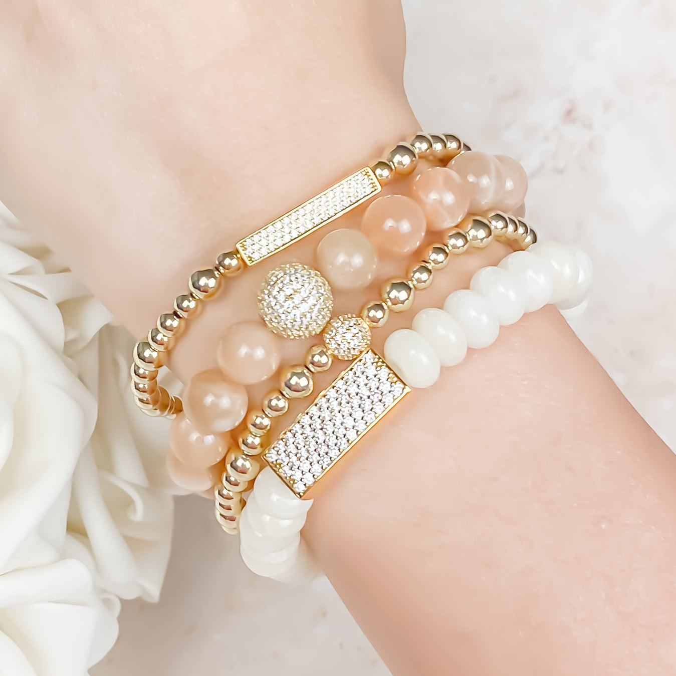 CRSYTAL BALL ON SUNSTONE ELASTIC BRACELET