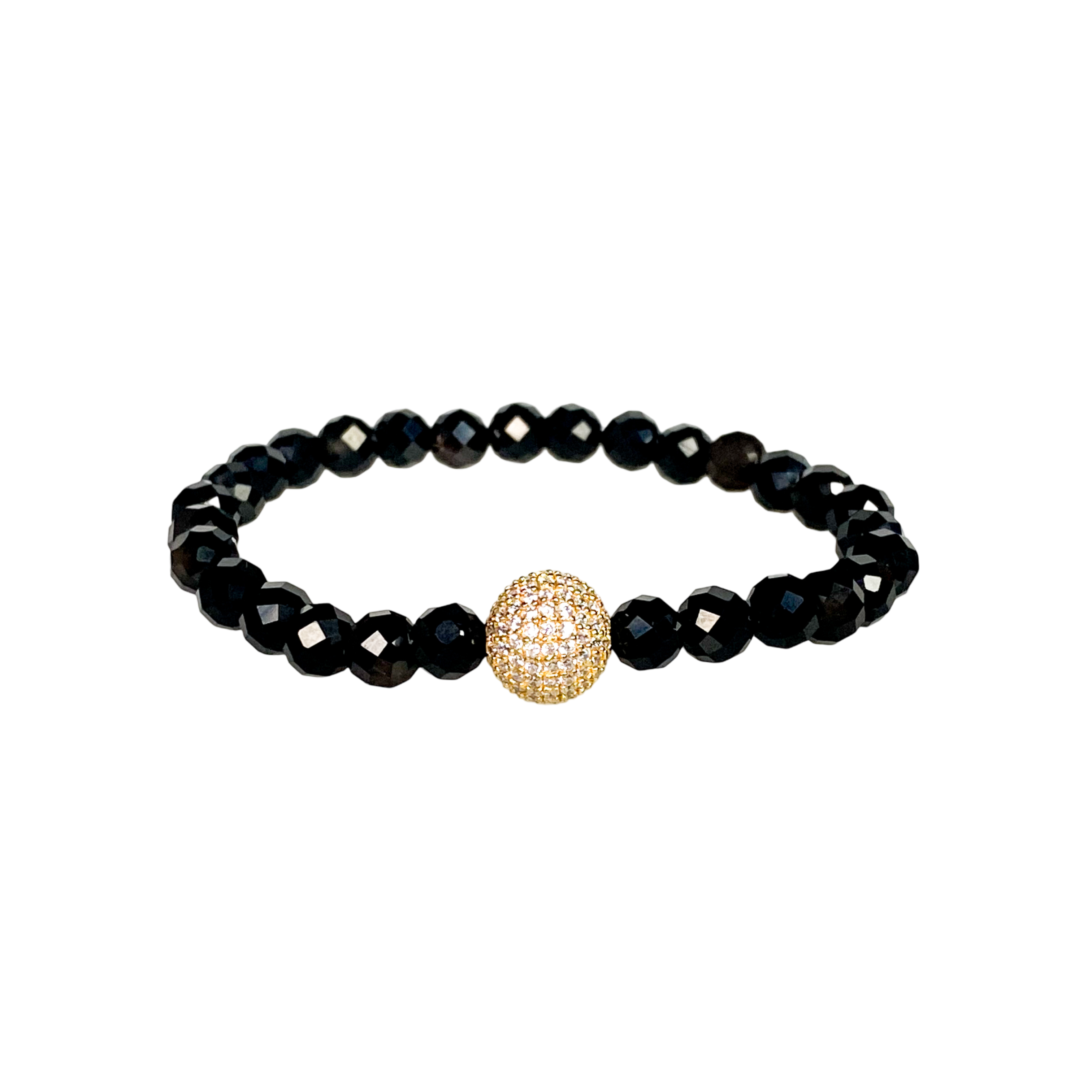 CRYSTAL BALL ON BLACK ONYX ELASTIC BRACELET