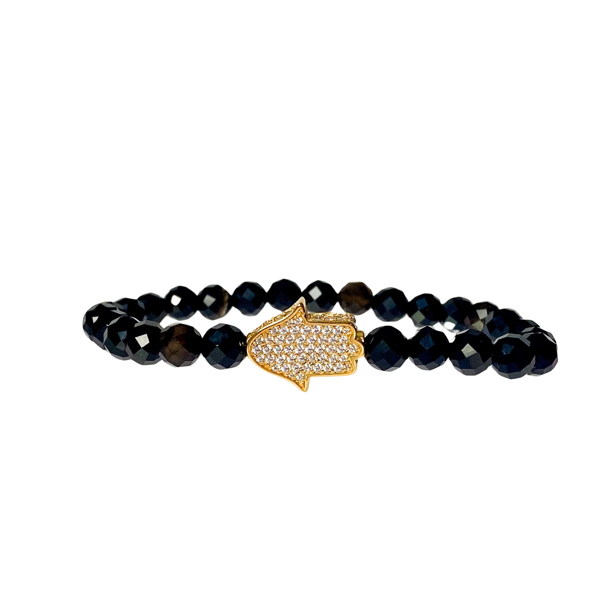 HAMSA ON BLACK ONYX ELASTIC BRACELET