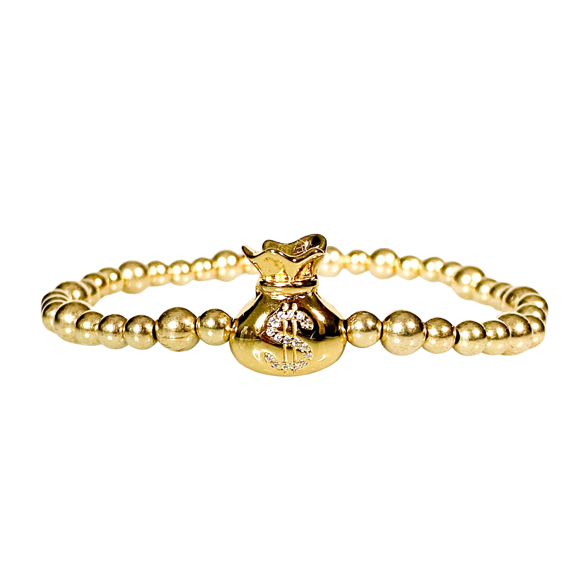 MONEY BAG ON GOLD FILLED BEADS ELASTIC BRACELET