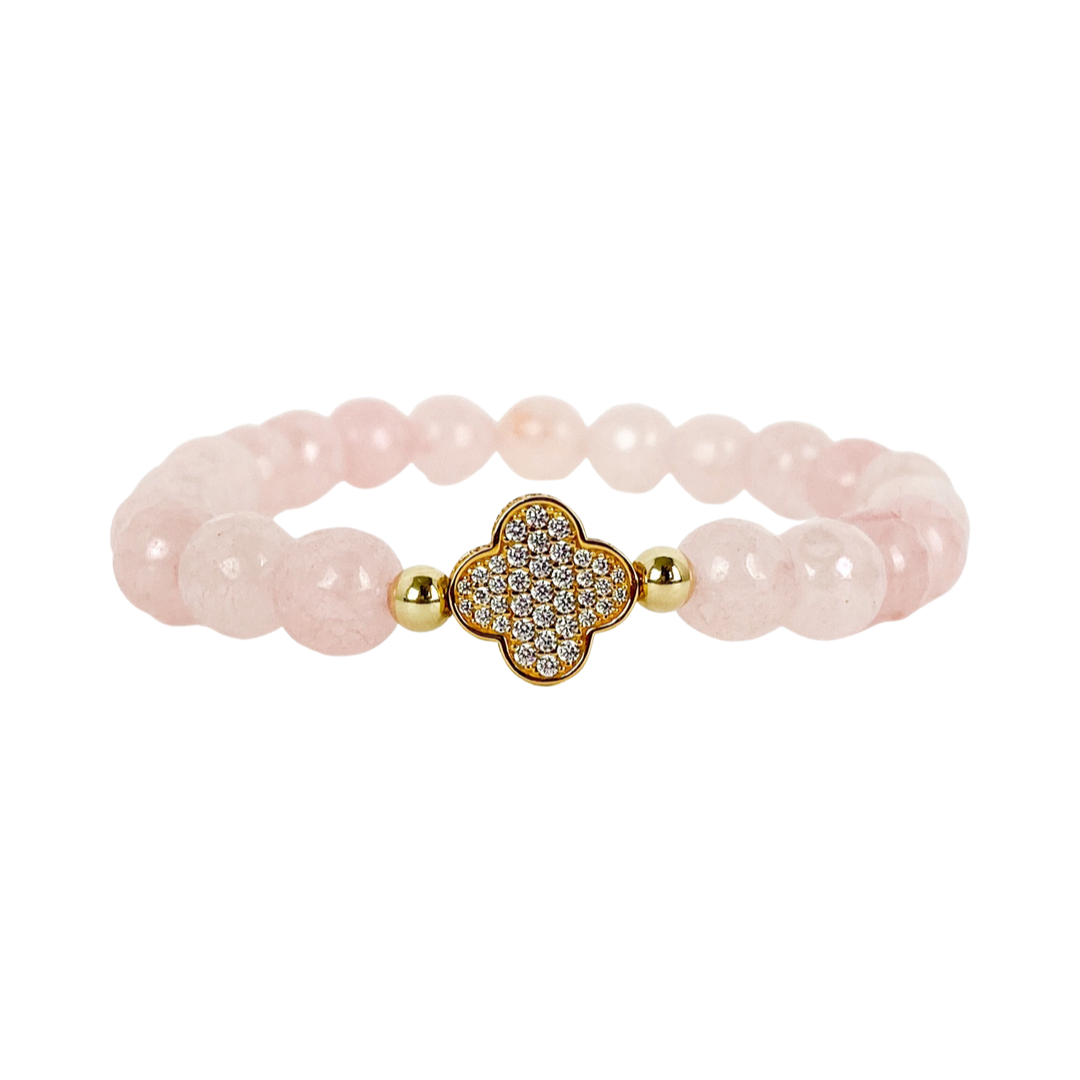 CLOVER ON ROSE JADE ELASTIC BRACELET