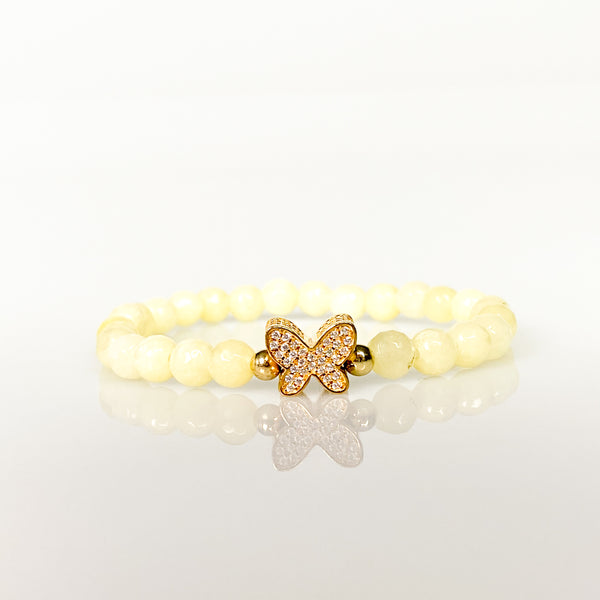 BUTTERFLY ON YELLOW CREAM JADE ELASTIC BRACELET