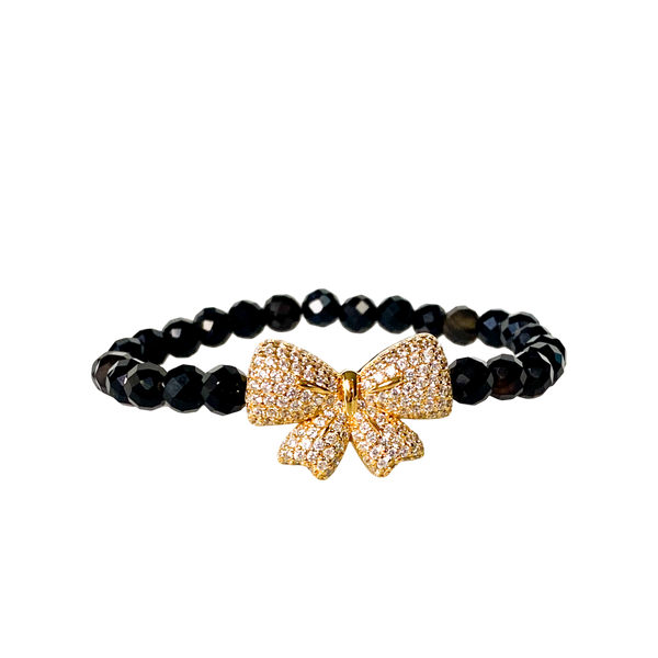 RIBBON ON BLACK ONYX ELASTIC BRACELET
