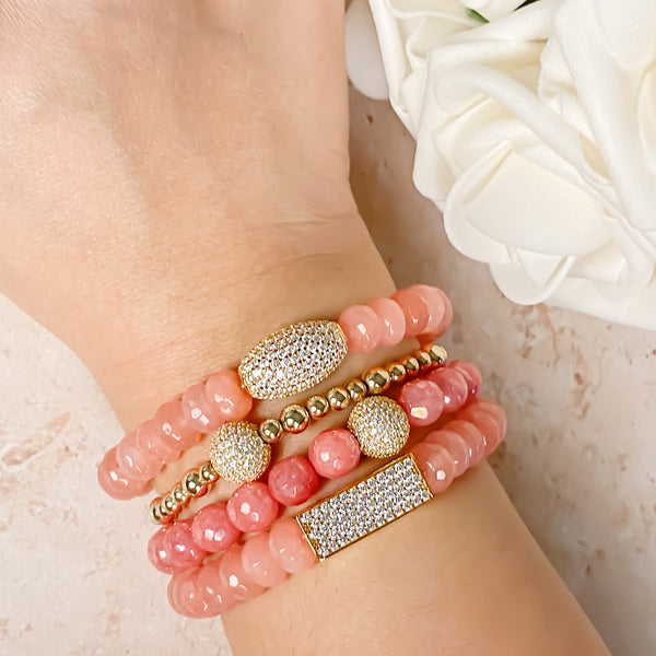CRYSTAL BALL ON CORAL JADE ELASTIC BRACELET