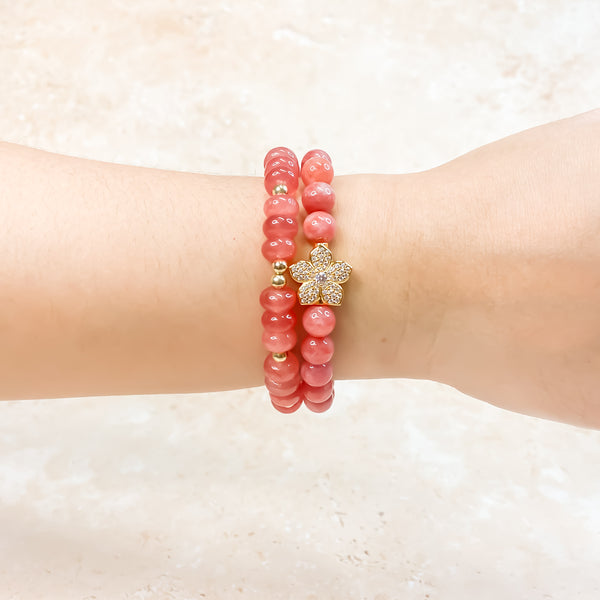 HIBISCUS ON PERSIAN PINK JADE ELASTIC BRACELET