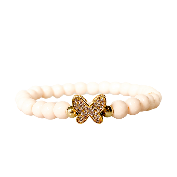 BUTTERFLY ON FRENCH VANILLA JADE ELASTIC BRACELET