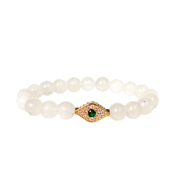 EVIL EYE ON WHITE MOONSTONE ELASTIC BRACELET