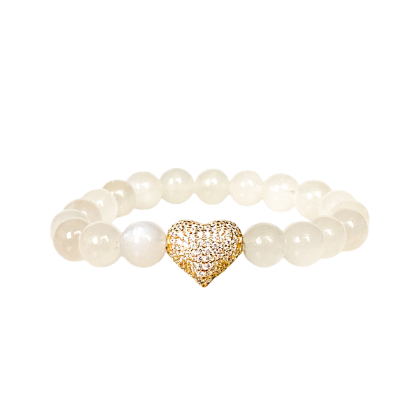 BIG HEART ON WHITE MOONSTONE ELASTIC BRACELET